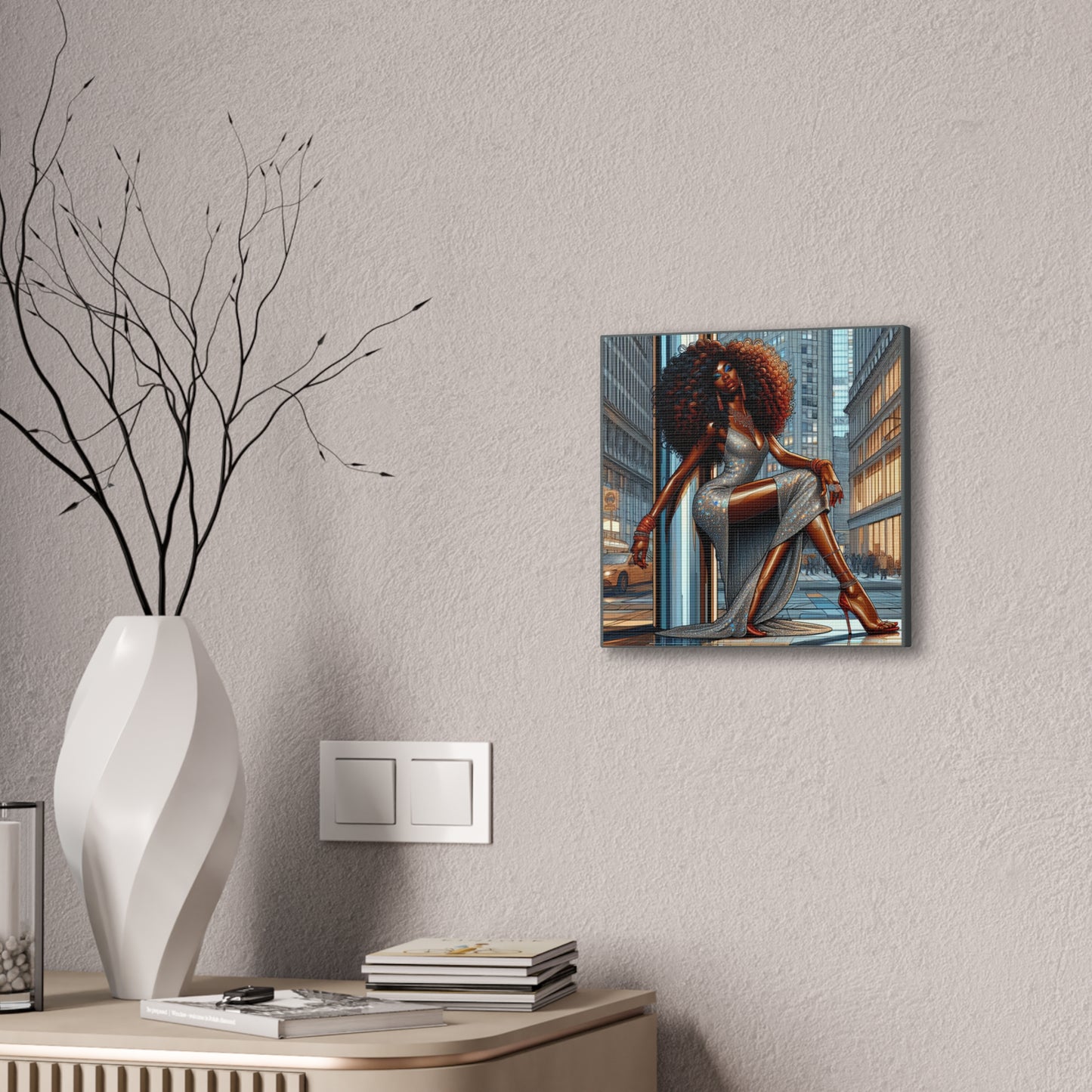 Chic Urban Canvas Art - Glamorous Fashionista Wall Decor, Black Art Collection, Beautiful Black Woman Posing Silver and Gray Canvas Art