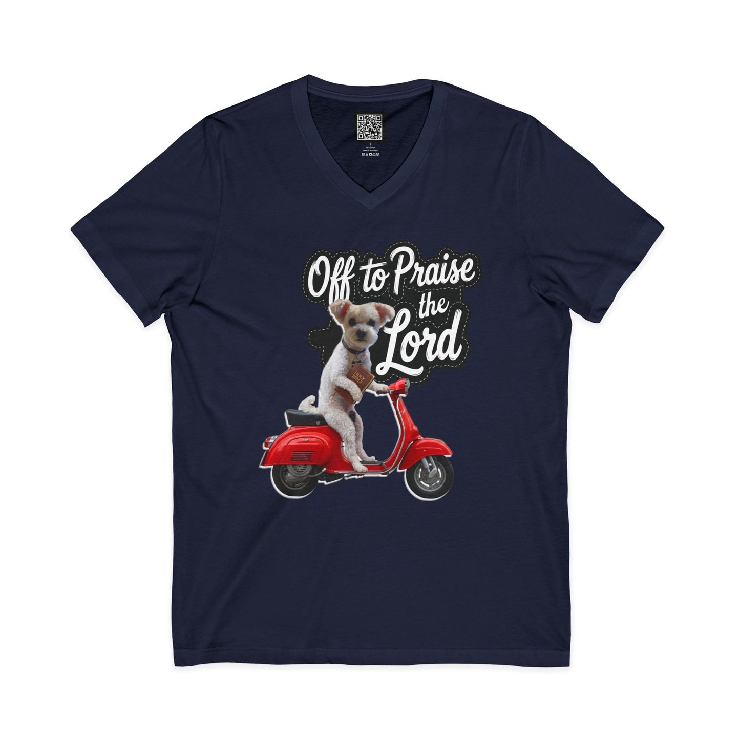 Personalized Dog on Scooter V-Neck Tee - "Off to Praise the Lord"