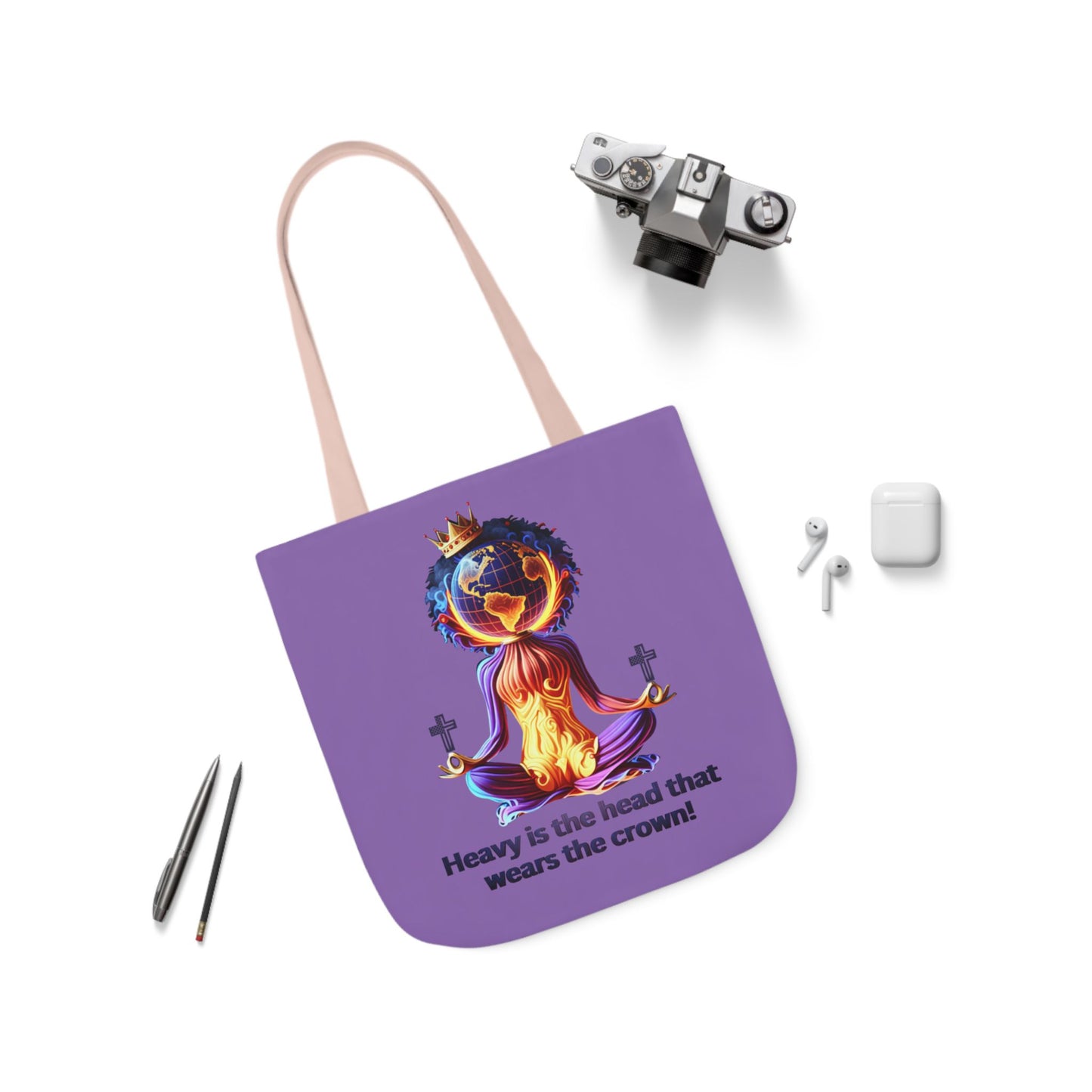"Heavy is the Head" Canvas Tote Bag, 5-Color Straps, Purple Tote Bag for Women, Purple Inspirational Tote Bag for Women, Tote Bag Gift for Women