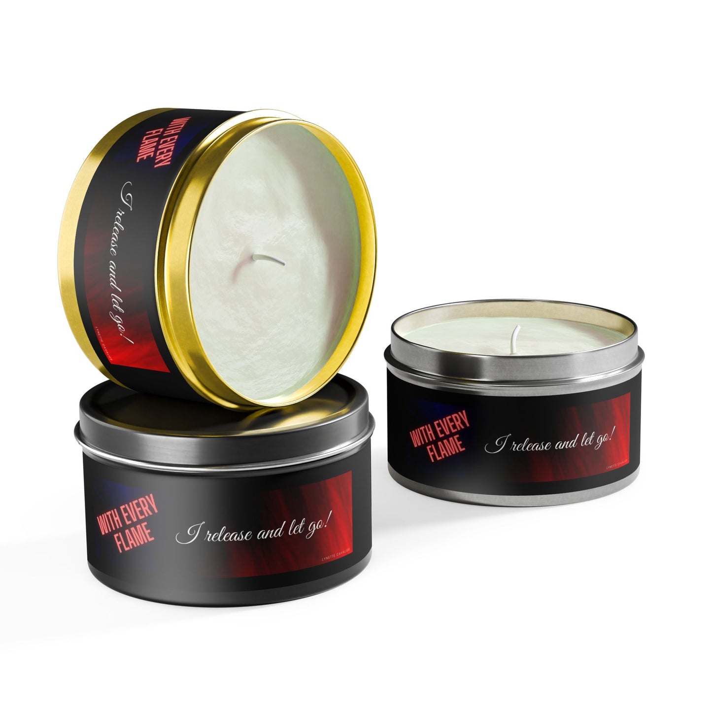 Lynette Cavalier's Tin Candles, Captivating aromas: Evergreen, Fresh Coffee, Mango Coconut, Spa Retreat, Vanilla Bean, Tin Colors: Gold, Silver, Black