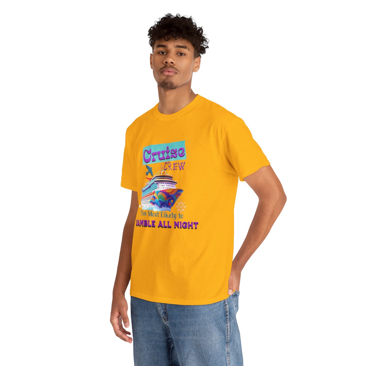 Cruise Crew Heavy Cotton Tee - Gamble All Night, Vacation Shirt, Cruise Wear, Fun Travel Outfit, Summer Party Top, Gambler's T-Shirt