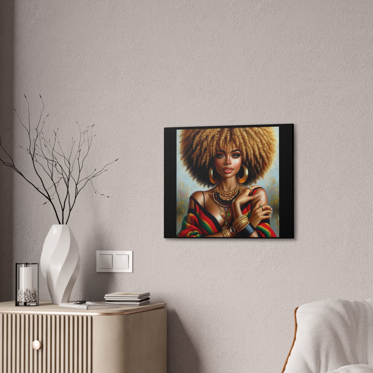 Stretched Canvas Art Print – Afrocentric Portrait, Black Woman Confidence Canvas Art in Afrocentric Colors, 92 % Women Merchandise