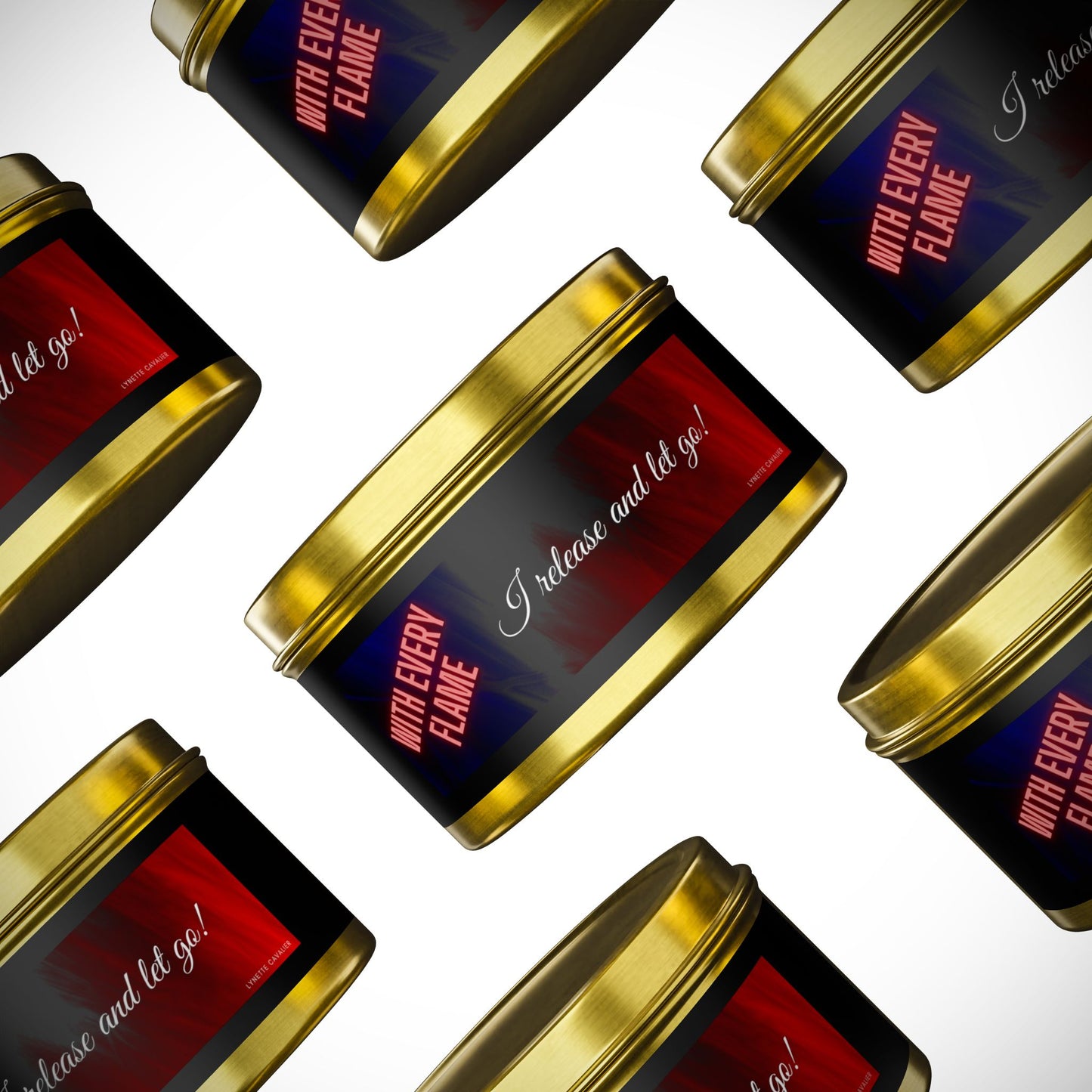 Lynette Cavalier's Tin Candles, Captivating aromas: Evergreen, Fresh Coffee, Mango Coconut, Spa Retreat, Vanilla Bean, Tin Colors: Gold, Silver, Black