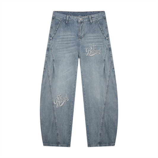 Blessed – Men's Vintage Wash Barrel Leg Graphic Jeans