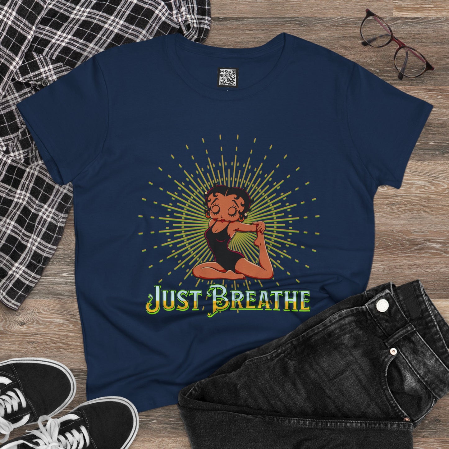 Just Breathe Betty Boop Women's Yoga Tee - Midweight Cotton Shirt for Relaxation and Mindfulness, Betty Boop Just Breathe T-Shirts