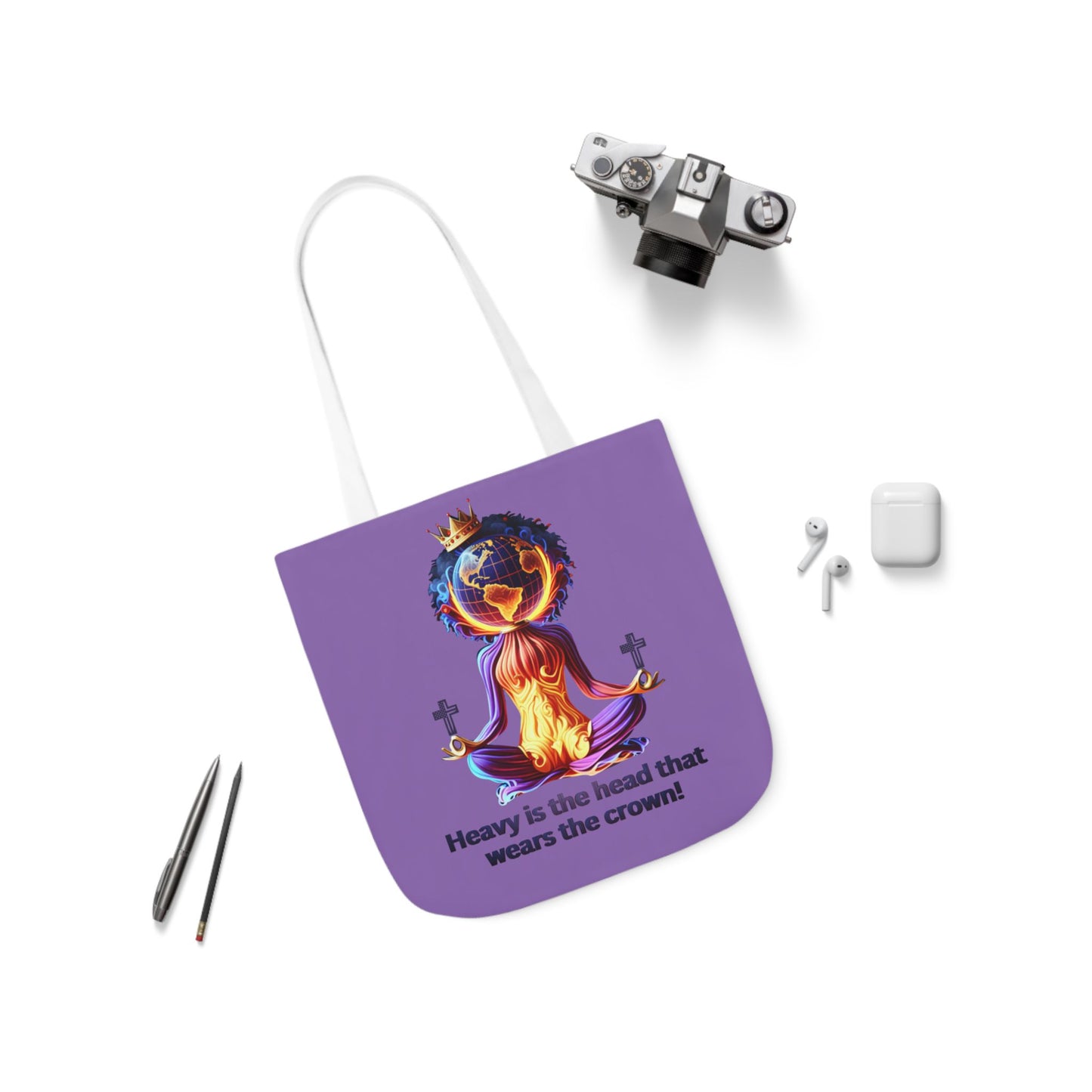 "Heavy is the Head" Canvas Tote Bag, 5-Color Straps, Purple Tote Bag for Women, Purple Inspirational Tote Bag for Women, Tote Bag Gift for Women