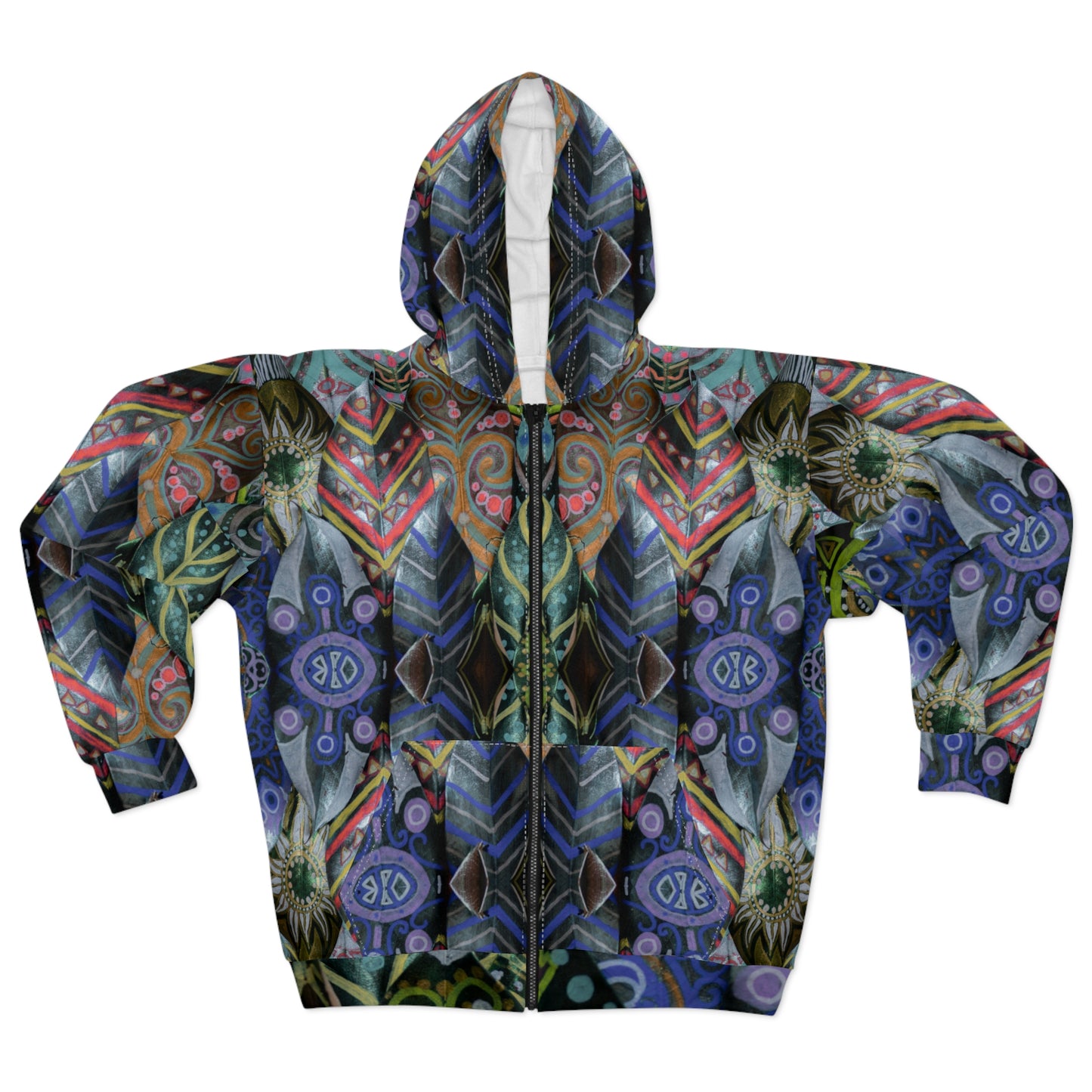 Psychedelic Floral Pattern Zip Hoodie — Bohemian Kaleidoscope Hoodie