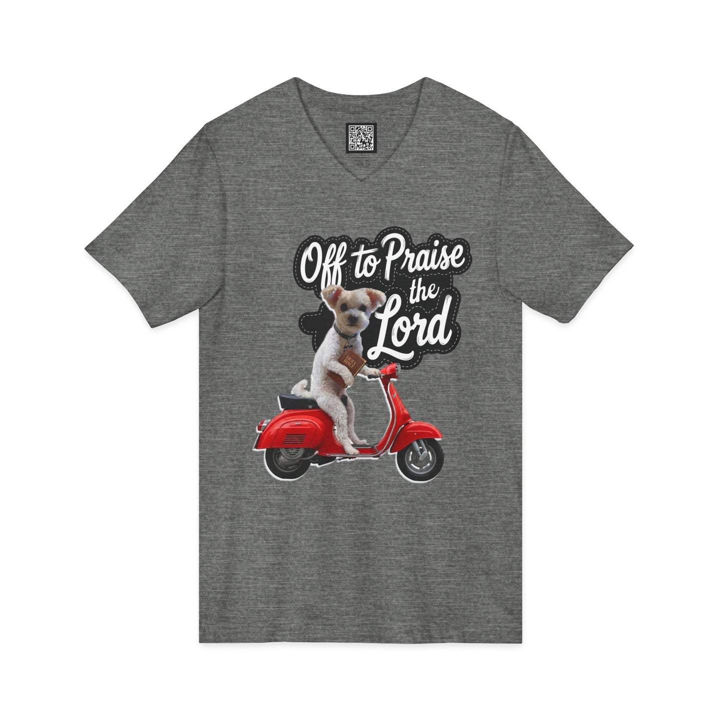 Personalized Dog on Scooter V-Neck Tee - "Off to Praise the Lord"