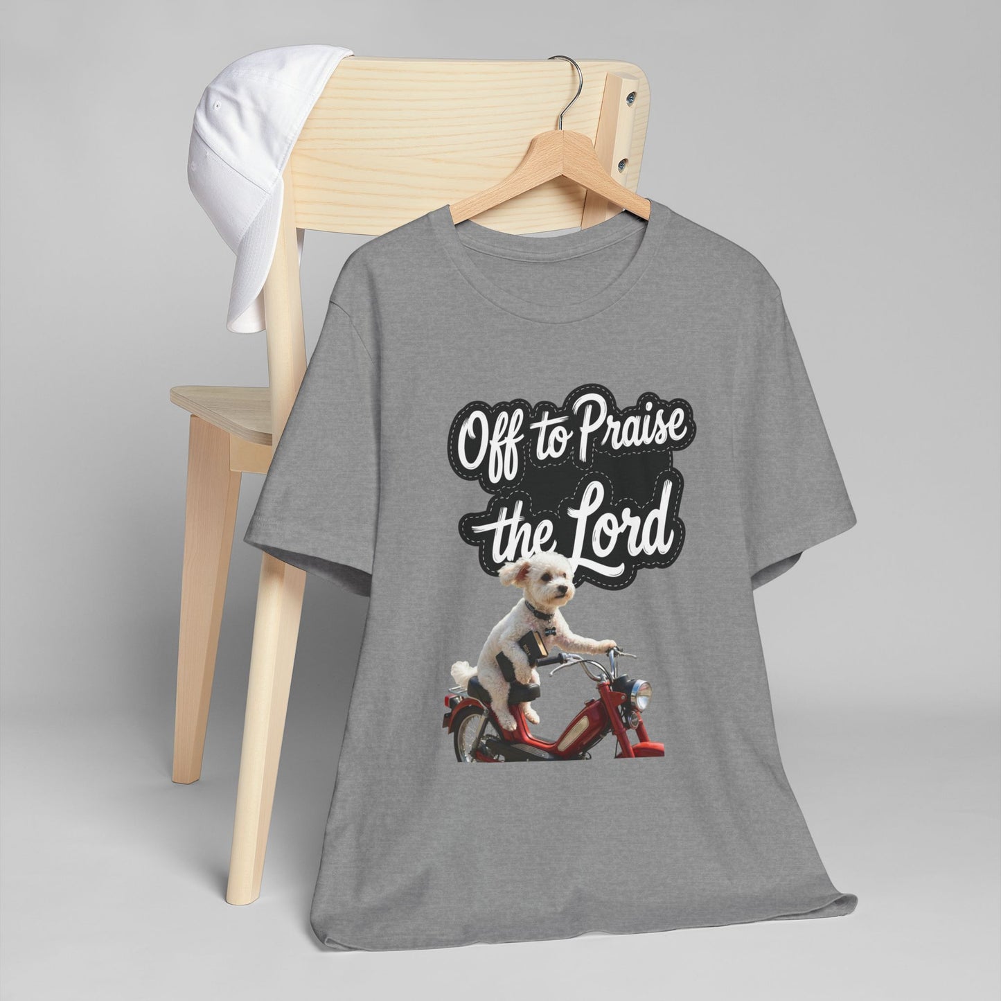 Personalized T-Shirt — "Off to Praise the Lord" Dog on Motorcycle Graphic