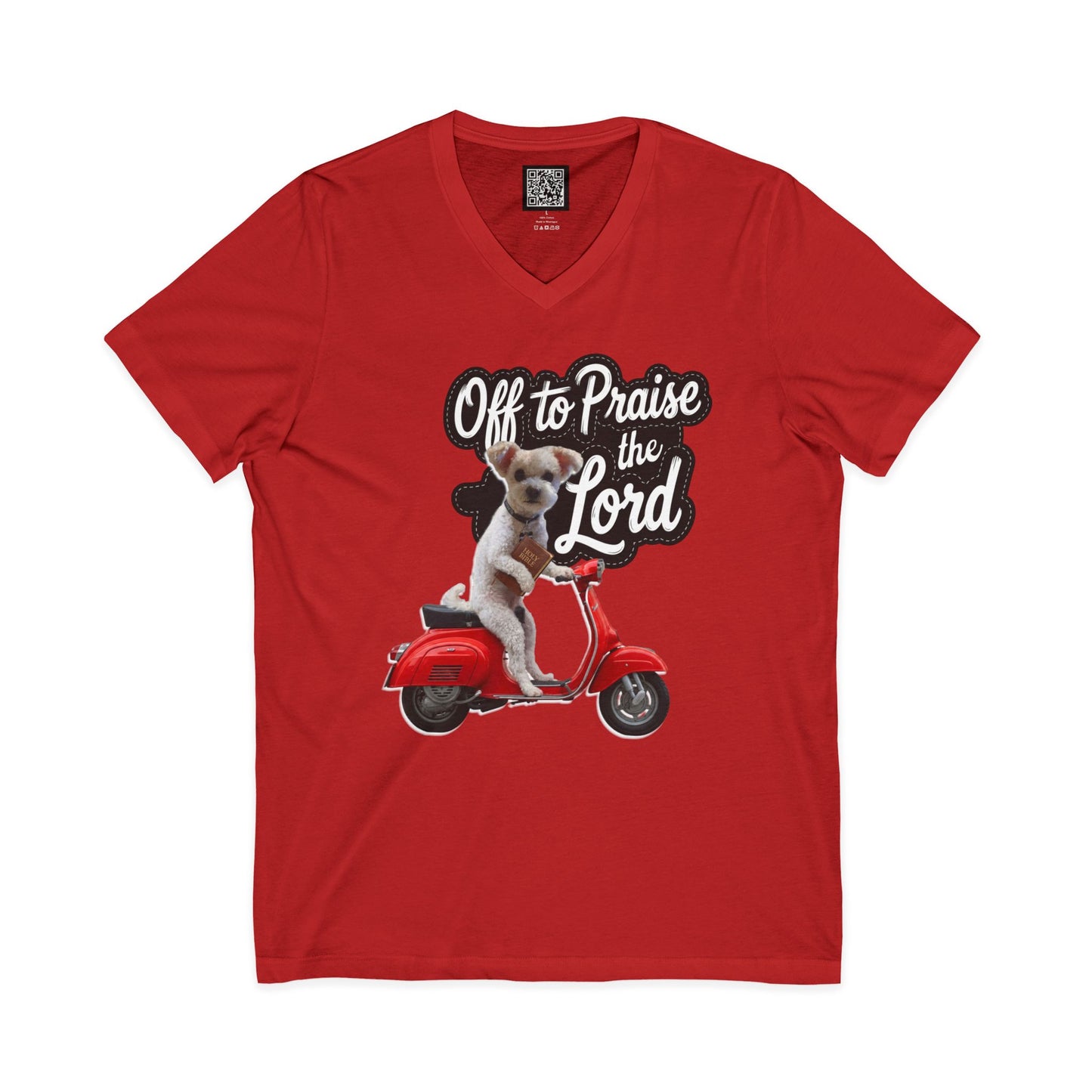 Personalized Dog on Scooter V-Neck Tee - "Off to Praise the Lord"