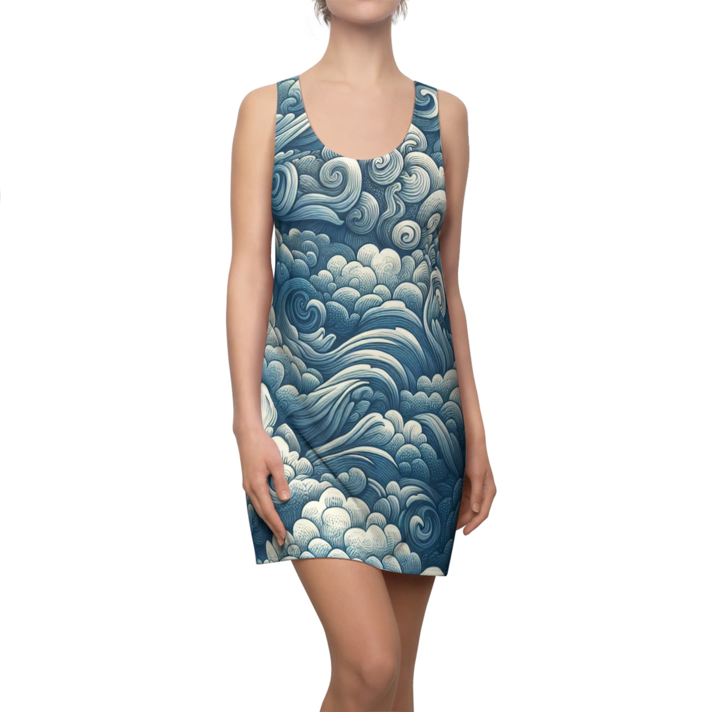 Ocean Wave Print Racerback Dress - Summer Casual Attire, Beach Cover-Up, Vacation Outfit, Boho Chic Dress, Festival Wear