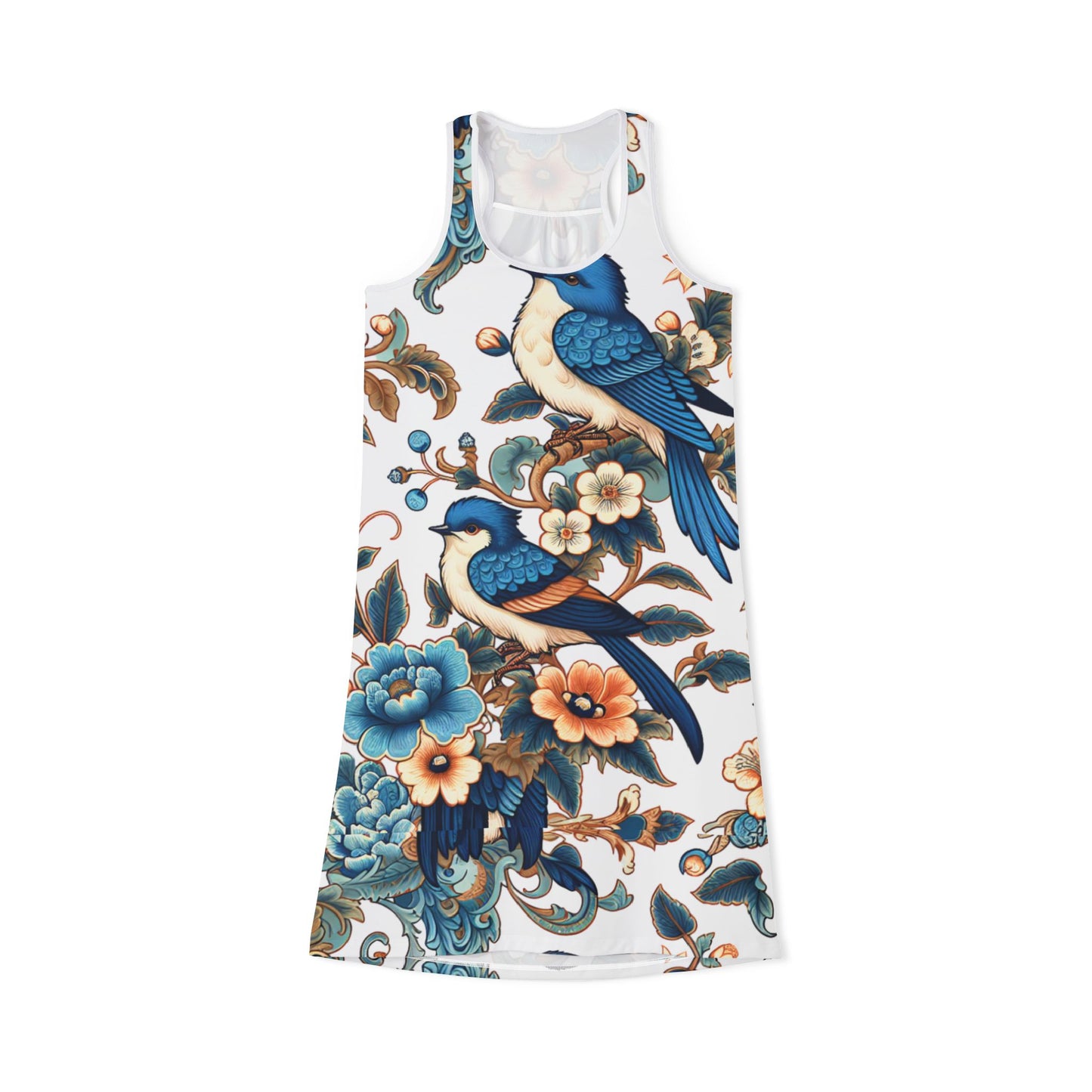 Bohemian Blue Bird Floral Racerback Dress, Summer Dress, Casual Sundress, Vacation Outfit, Unique Gift for Her, Stylish Day Dress