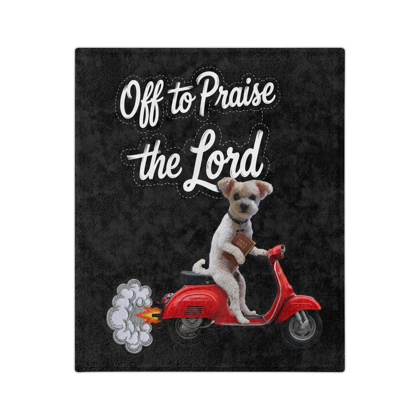 Custom Off to Praise the Lord Velveteen Microfiber Blanket — Christian Dog on Red Scooter