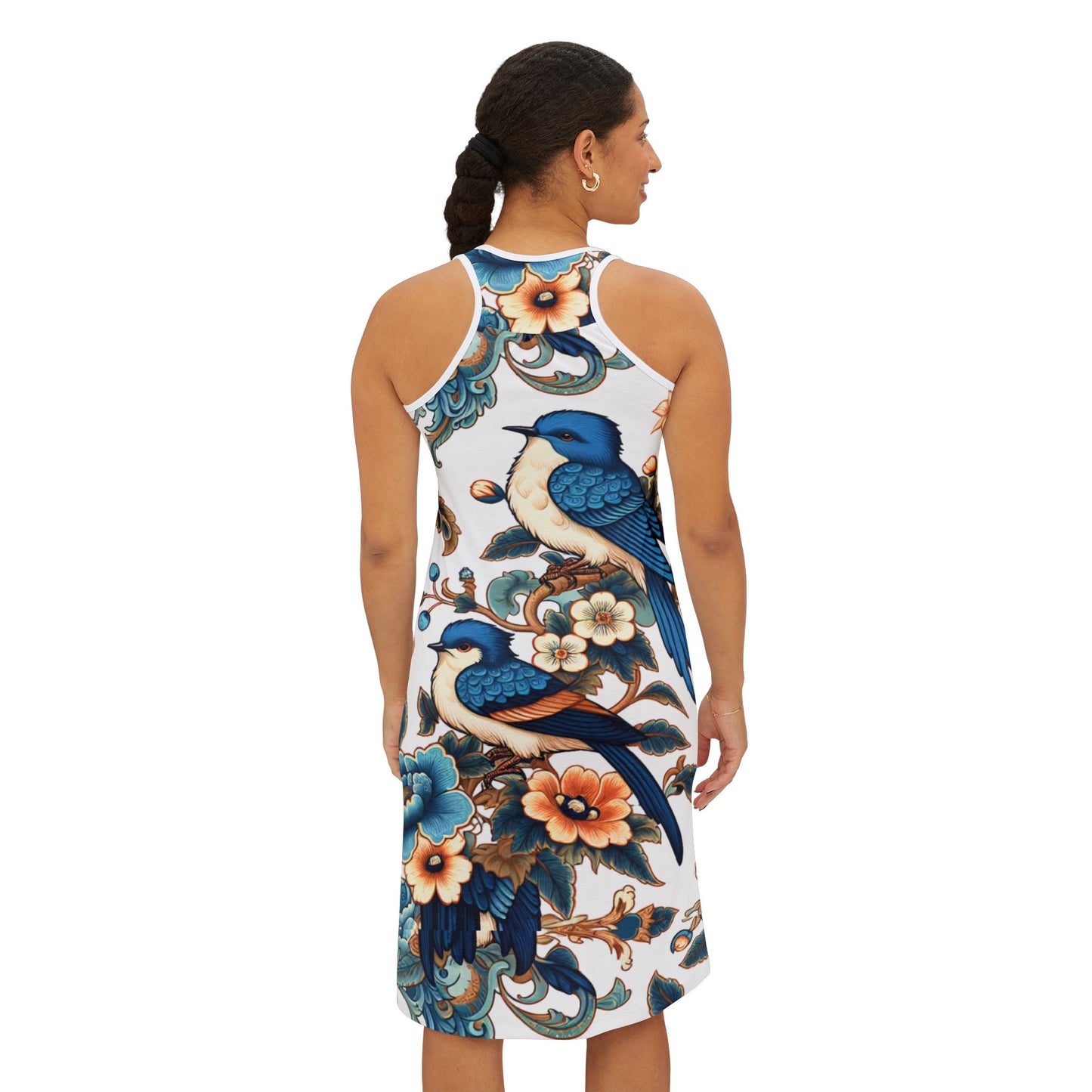 Bohemian Blue Bird Floral Racerback Dress, Summer Dress, Casual Sundress, Vacation Outfit, Unique Gift for Her, Stylish Day Dress