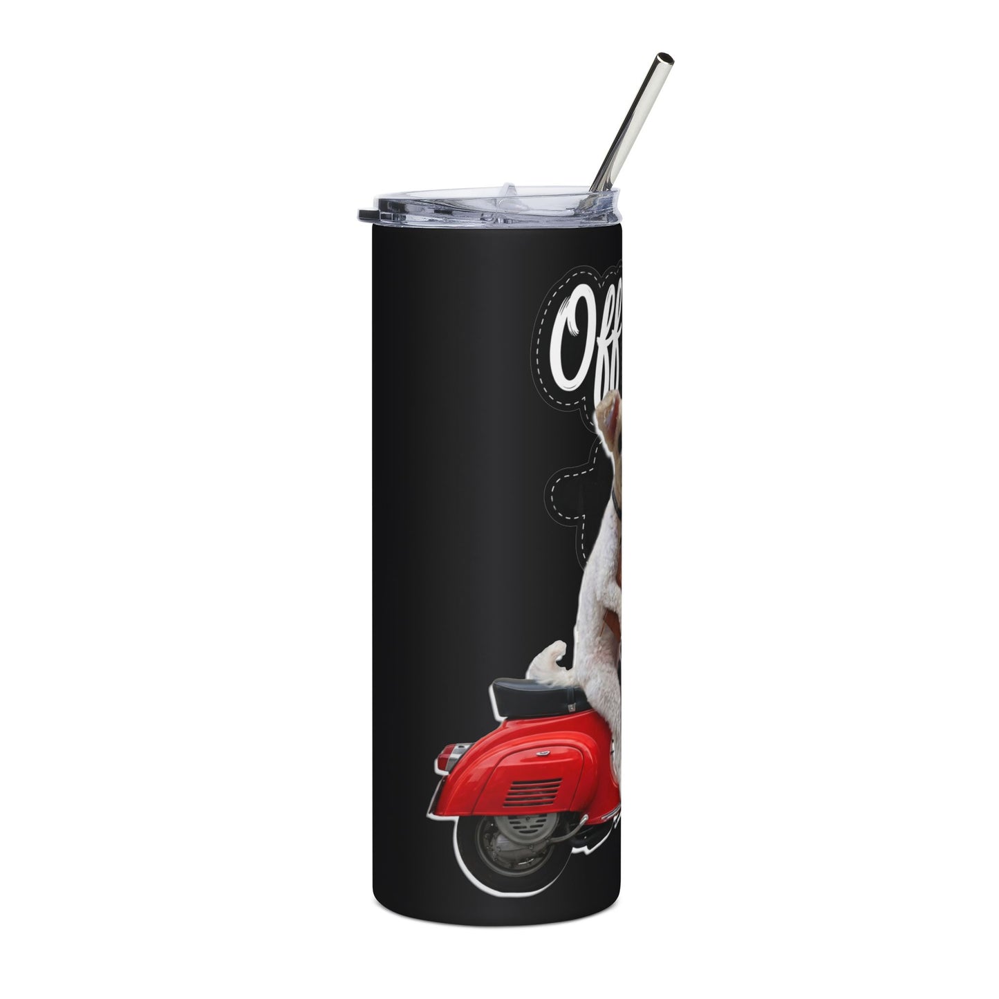 Personalized 20oz Stainless Tumbler — "Off to Praise the Lord" Scooter Dog Travel Cup