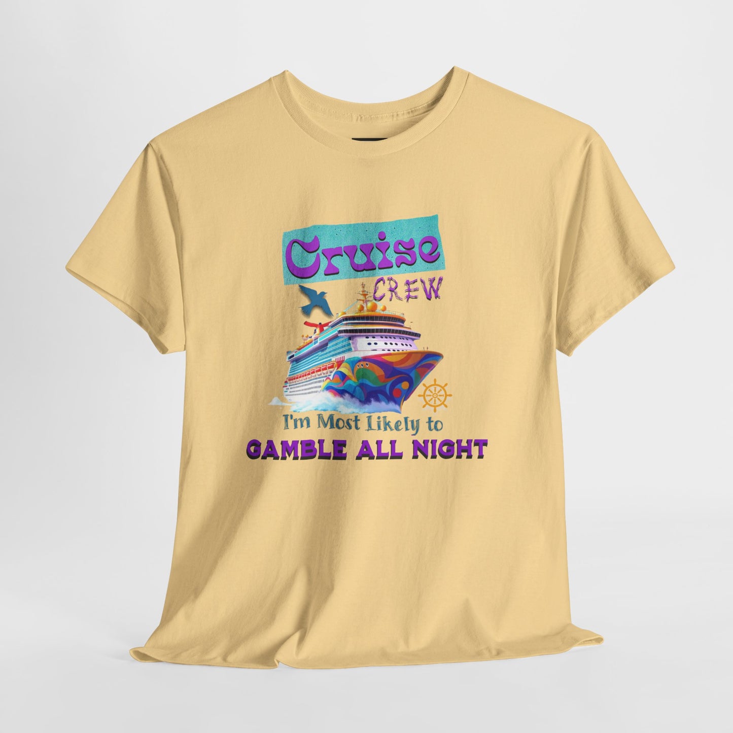 Cruise Crew Heavy Cotton Tee - Gamble All Night, Vacation Shirt, Cruise Wear, Fun Travel Outfit, Summer Party Top, Gambler's T-Shirt