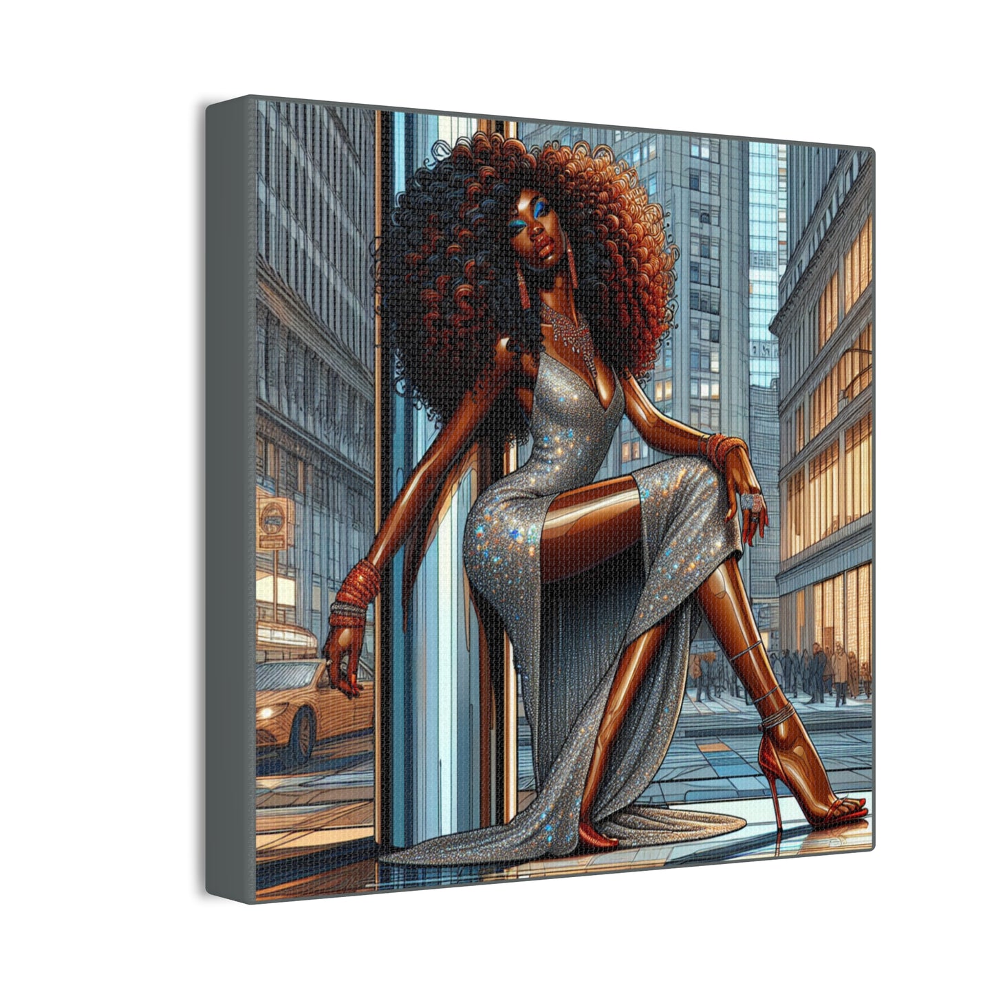 Chic Urban Canvas Art - Glamorous Fashionista Wall Decor, Black Art Collection, Beautiful Black Woman Posing Silver and Gray Canvas Art