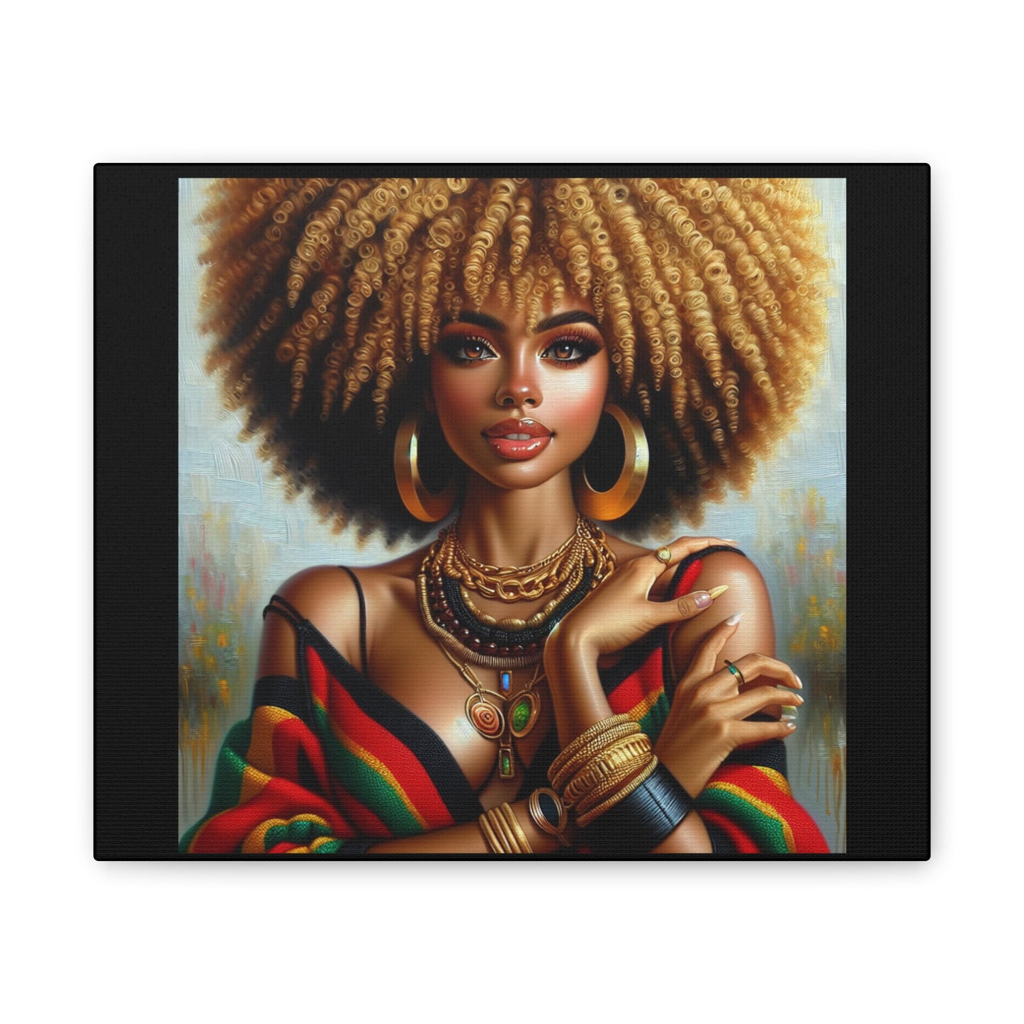 Stretched Canvas Art Print – Afrocentric Portrait, Black Woman Confidence Canvas Art in Afrocentric Colors, 92 % Women Merchandise