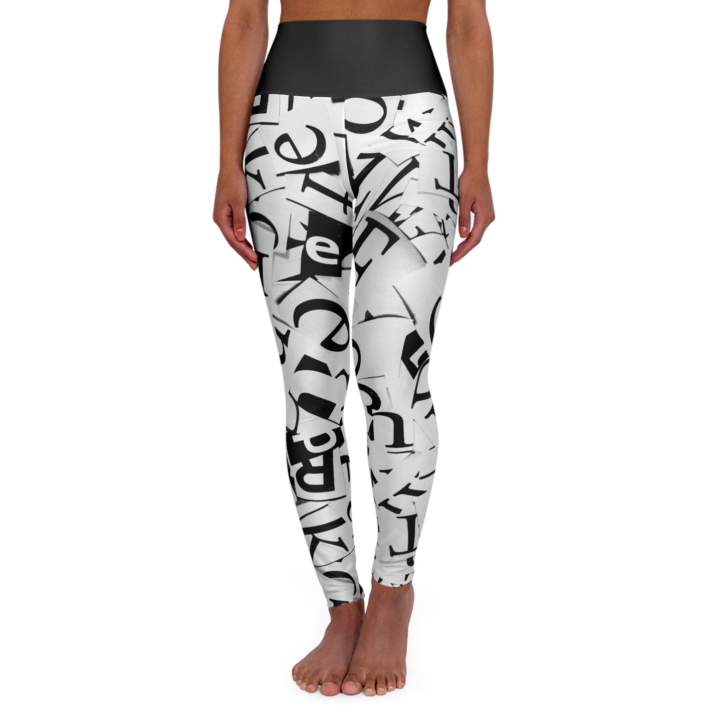 High Waisted Black & White Letter Yoga Leggings, Cute Yoga Pants for Women, Ladies Black and White Yoga Pants