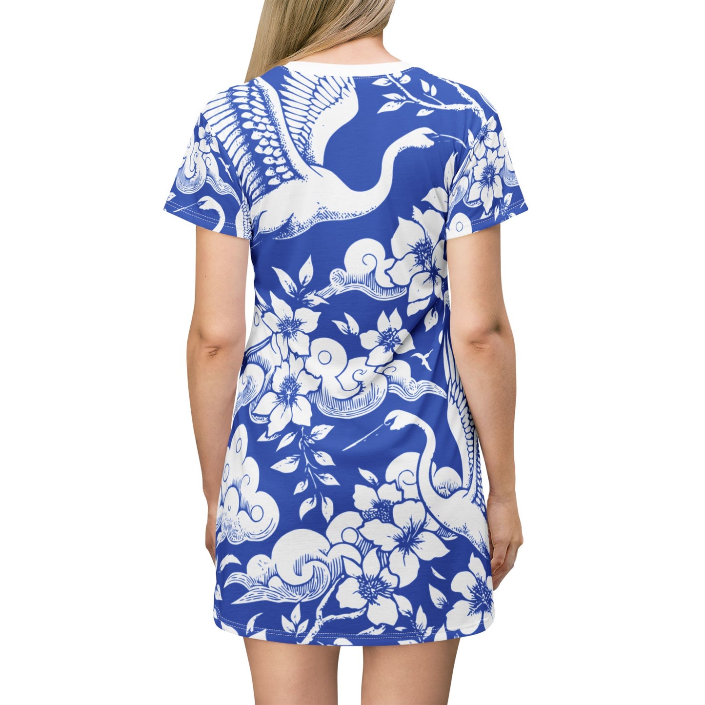 Elegant Floral Crane T-Shirt Dress | Boho Fashion, Casual Wear, Summer Dress, Beach Outfit, Gift for Her