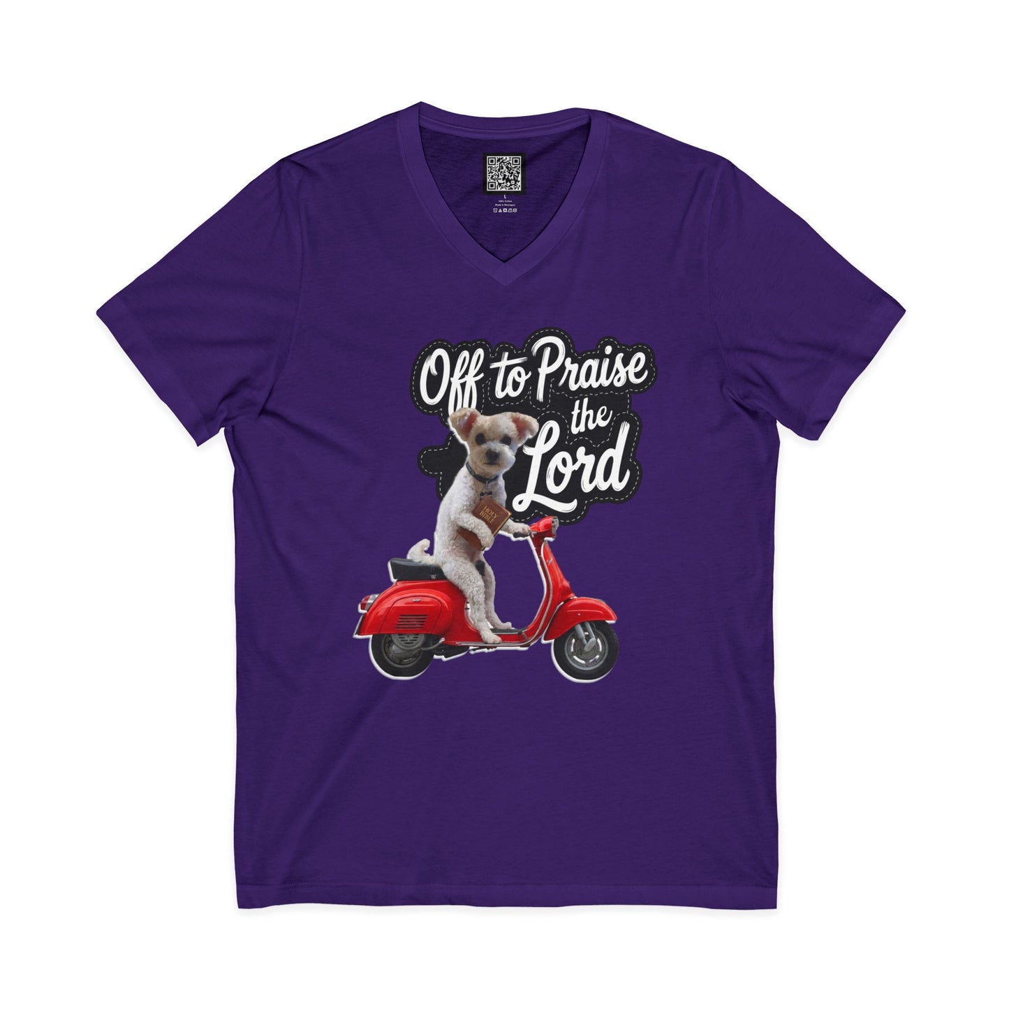 Personalized Dog on Scooter V-Neck Tee - "Off to Praise the Lord"