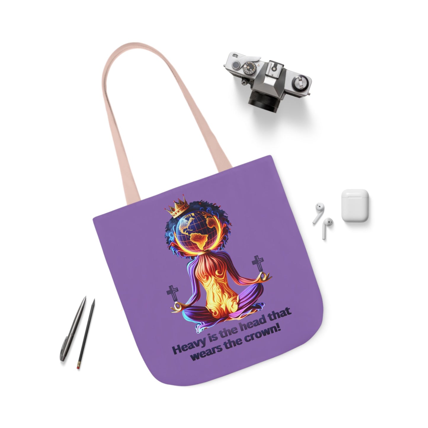 "Heavy is the Head" Canvas Tote Bag, 5-Color Straps, Purple Tote Bag for Women, Purple Inspirational Tote Bag for Women, Tote Bag Gift for Women