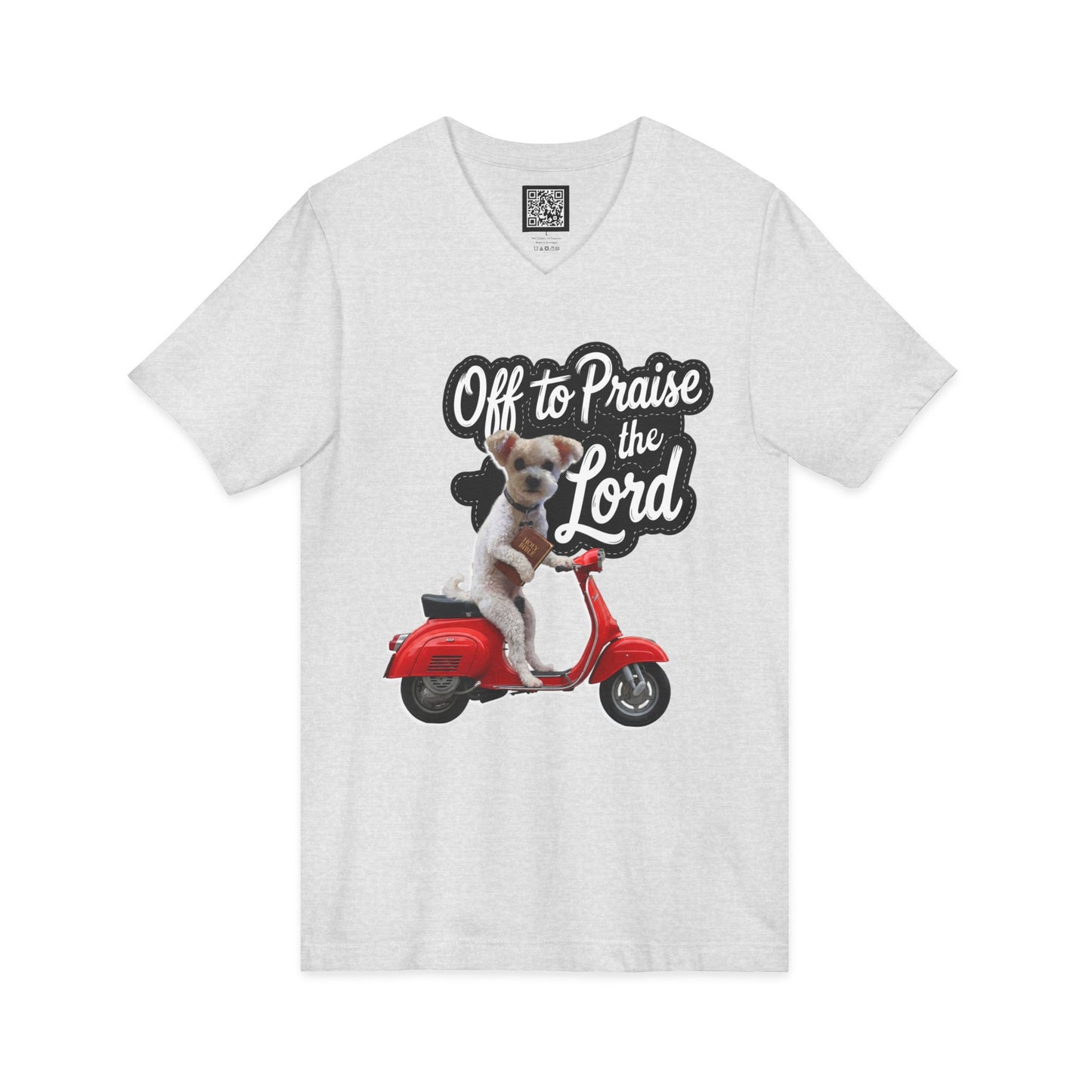 Personalized Dog on Scooter V-Neck Tee - "Off to Praise the Lord"