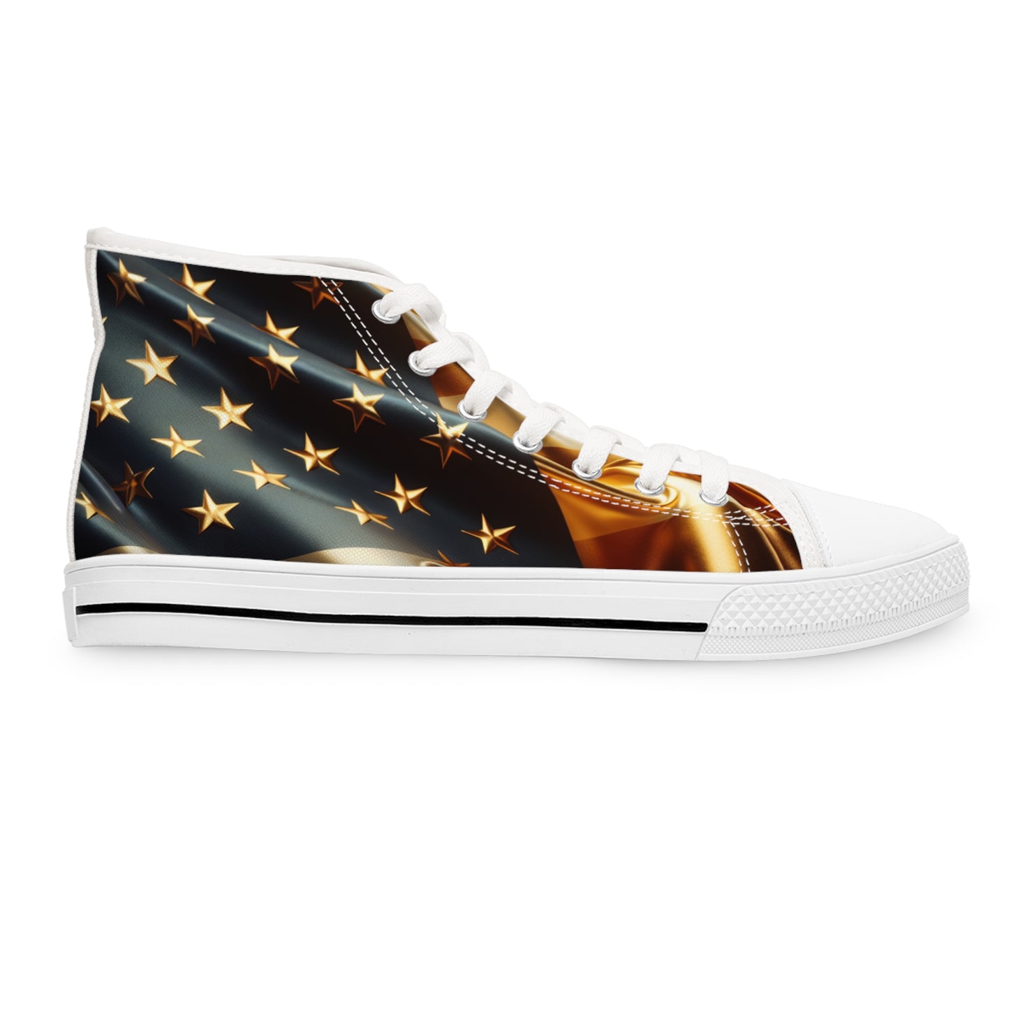 Patriotic High-Top Sneakers, Stylish Sneakers for Women, Gold Americana Footwear, Women Festival Shoes, Perfect for Summer Events