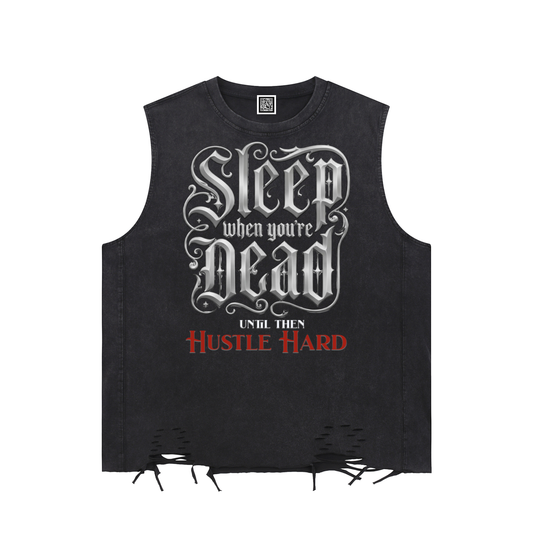 "Sleep When Dead" Snow Wash Raw-Hem Graphic Tank Top