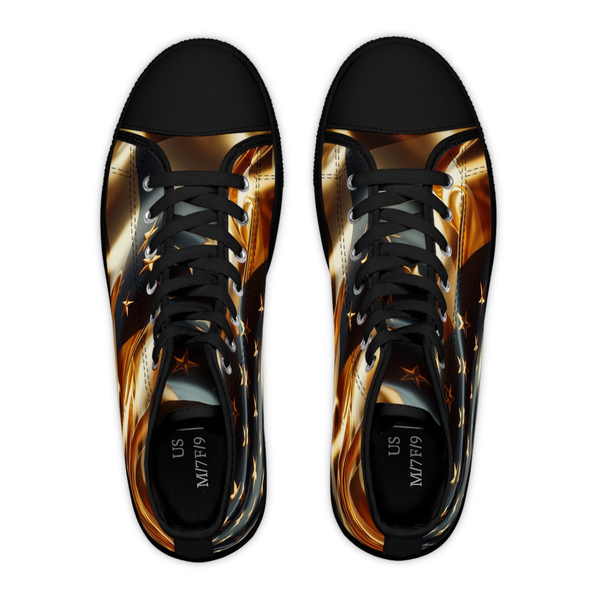 Patriotic High-Top Sneakers, Stylish Sneakers for Women, Gold Americana Footwear, Women Festival Shoes, Perfect for Summer Events