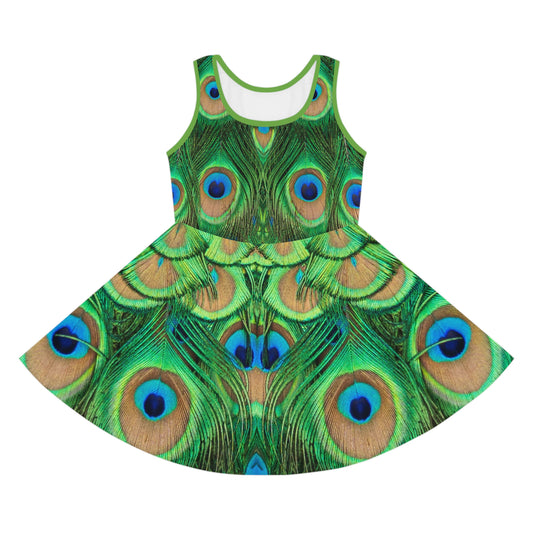 Vibrant Peacock Print Girls' Sleeveless Sundress - Perfect for Summer Parties & Playdates, Cute Peacock Dress for Girls Sizes 2T to XL