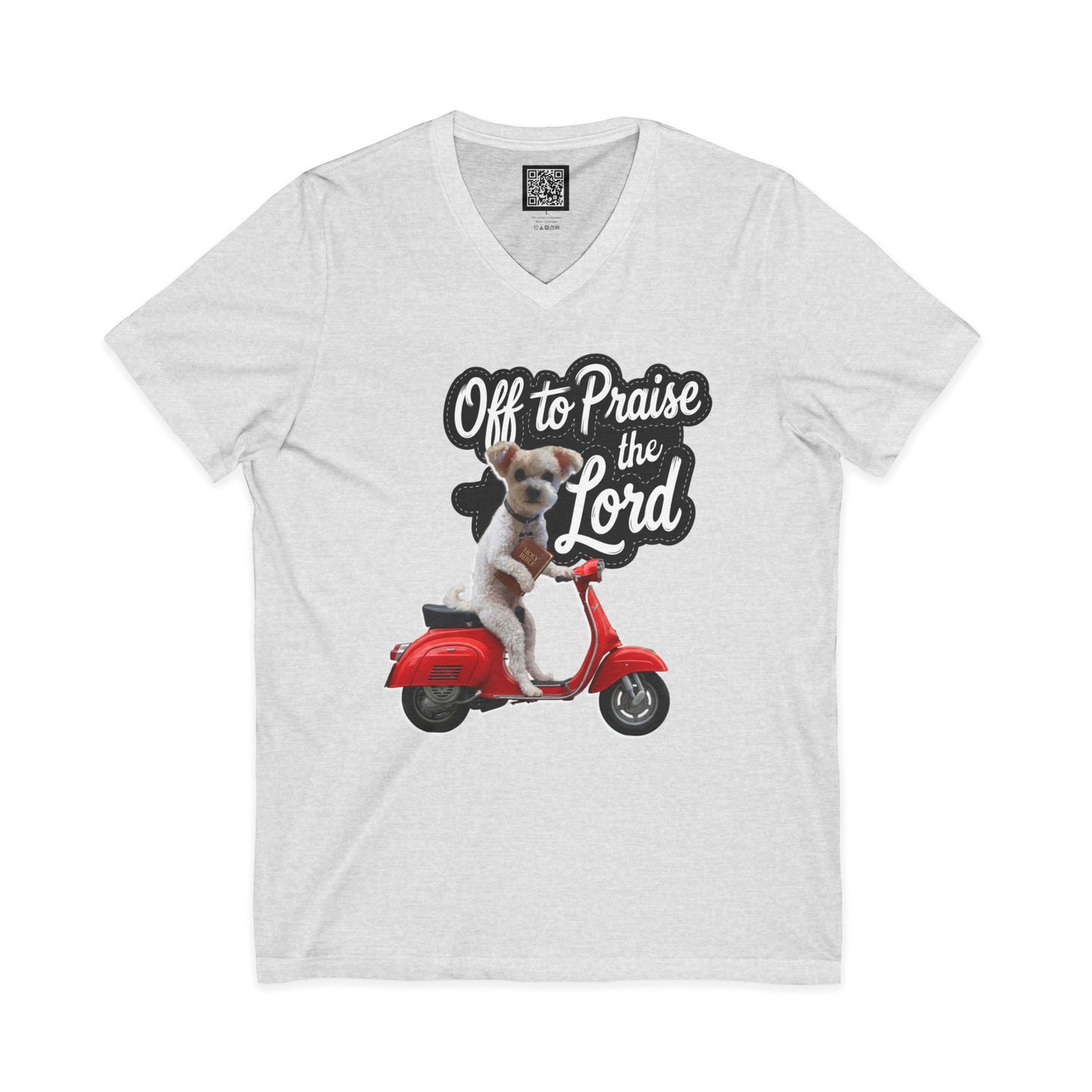 Personalized Dog on Scooter V-Neck Tee - "Off to Praise the Lord"