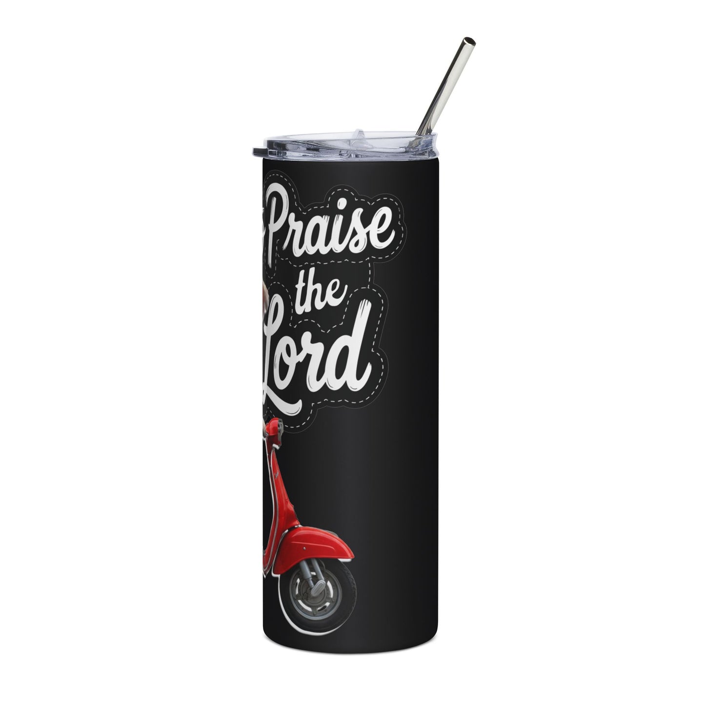 Personalized 20oz Stainless Tumbler — "Off to Praise the Lord" Scooter Dog Travel Cup