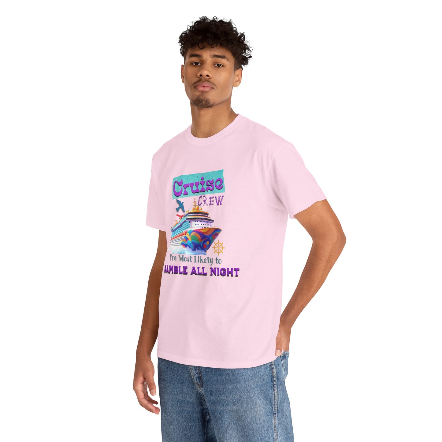 Cruise Crew Heavy Cotton Tee - Gamble All Night, Vacation Shirt, Cruise Wear, Fun Travel Outfit, Summer Party Top, Gambler's T-Shirt