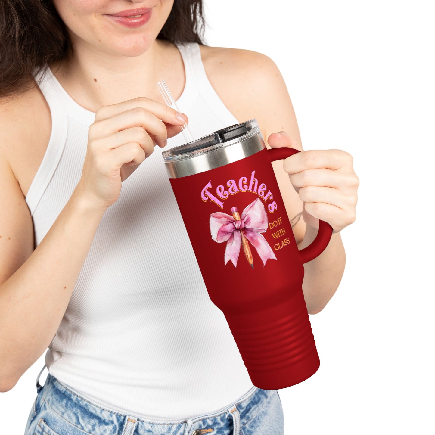 Stylish Insulated Travel Mug for Teachers, Cute 40oz Coquette Teacher Tumbler, Gifts for Educators, Coffee Lover Travel Cup, Back to School Mug Gift