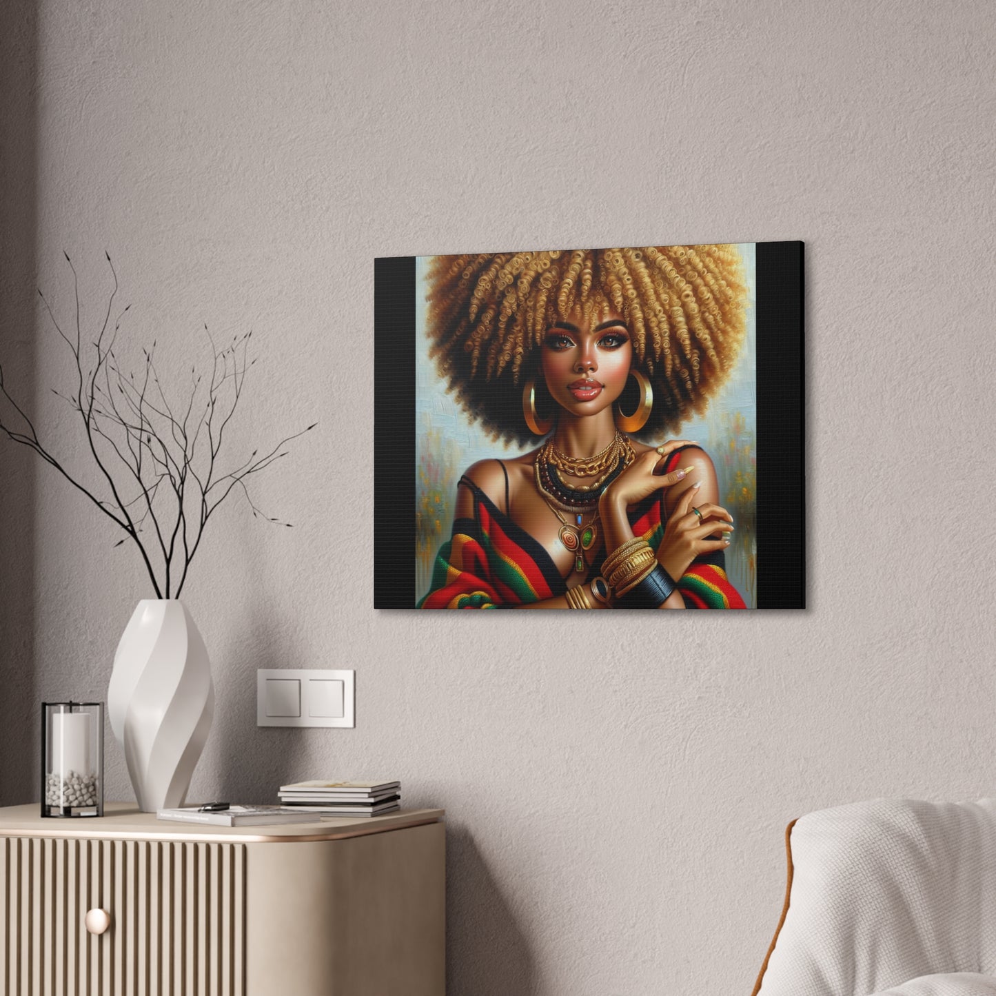 Stretched Canvas Art Print – Afrocentric Portrait, Black Woman Confidence Canvas Art in Afrocentric Colors, 92 % Women Merchandise