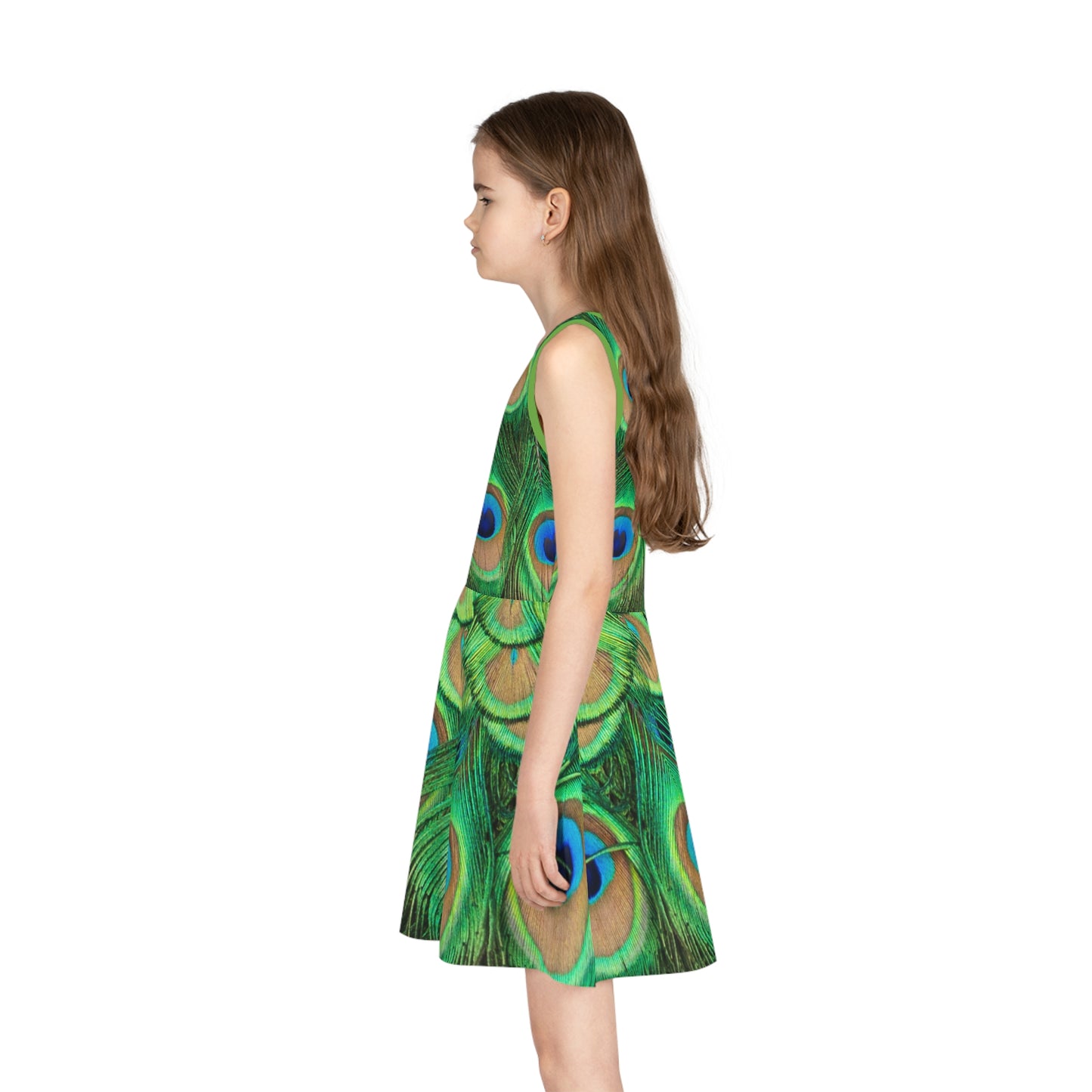 Vibrant Peacock Print Girls' Sleeveless Sundress - Perfect for Summer Parties & Playdates, Cute Peacock Dress for Girls Sizes 2T to XL