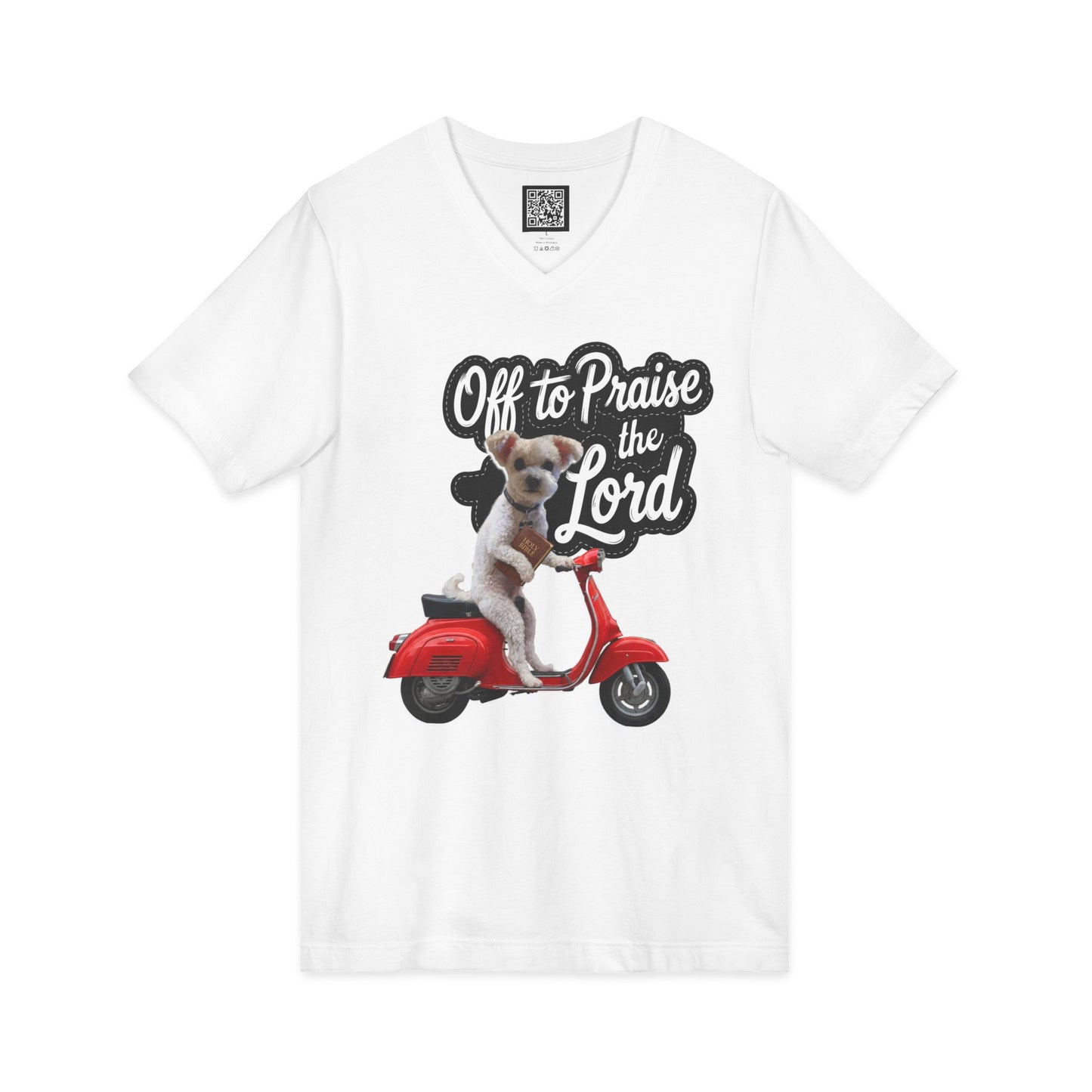 Personalized Dog on Scooter V-Neck Tee - "Off to Praise the Lord"