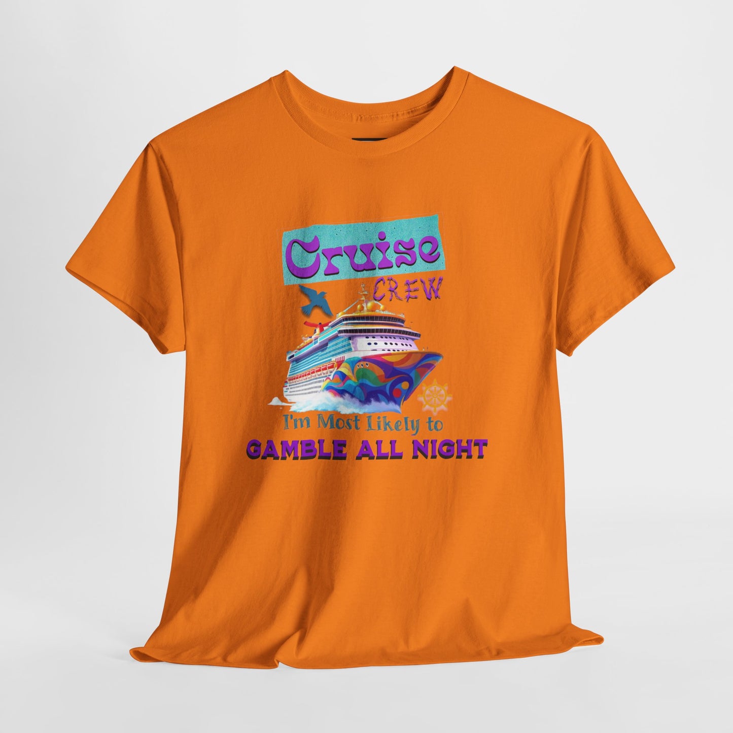 Cruise Crew Heavy Cotton Tee - Gamble All Night, Vacation Shirt, Cruise Wear, Fun Travel Outfit, Summer Party Top, Gambler's T-Shirt