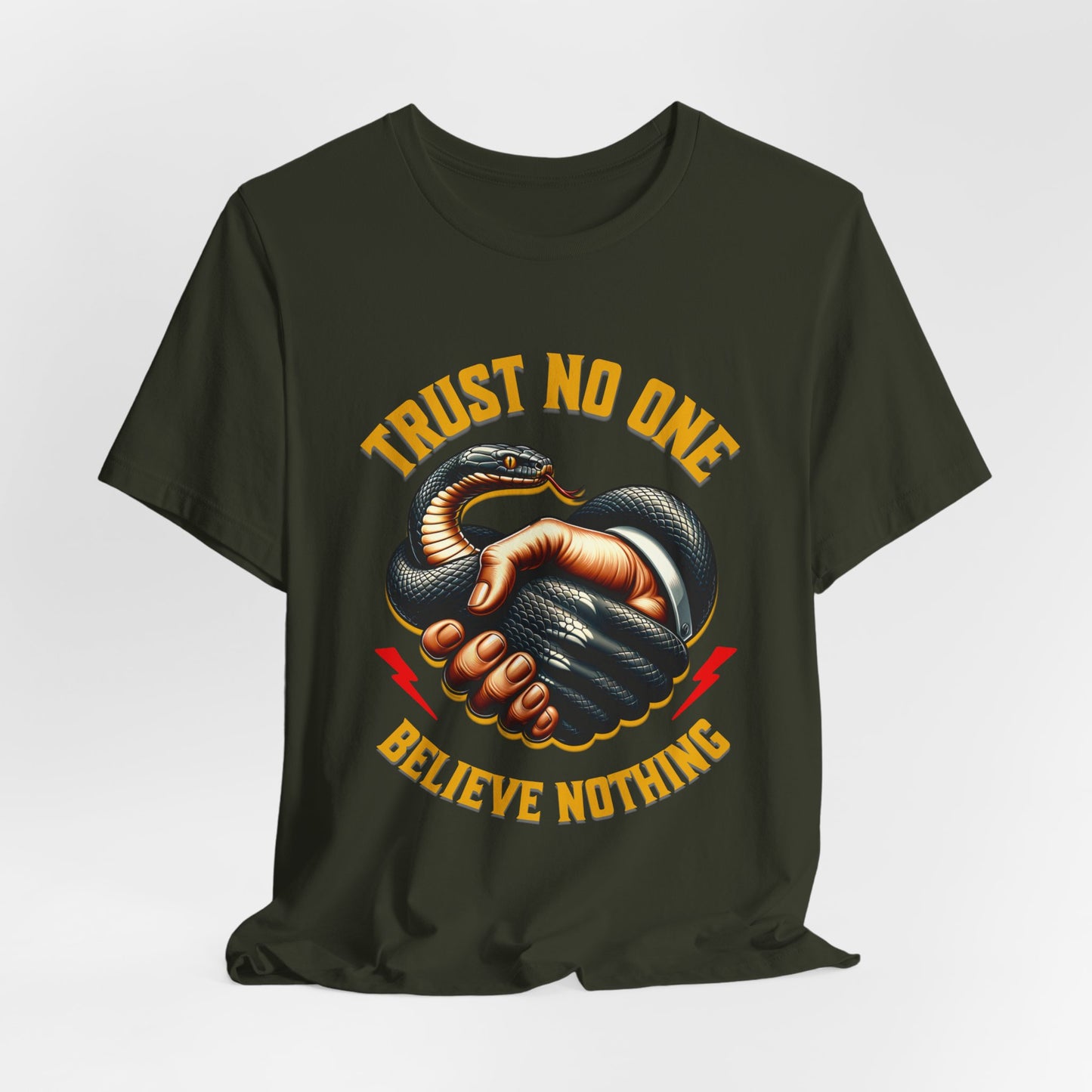 Trust No One, Bold Snake Handshake Design, Unisex Democracy T-Shirts, Goth Snake Image Shirt, Snake Image Shirt for Snake Lovers