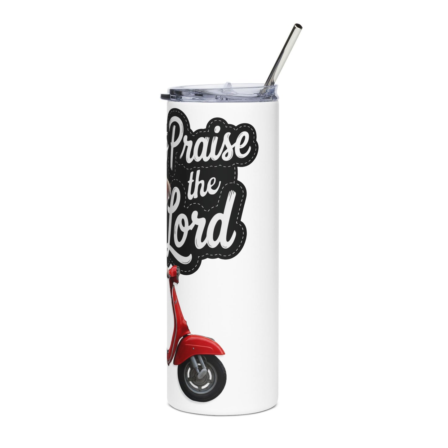 Personalized 20oz Stainless Tumbler — "Off to Praise the Lord" Scooter Dog Travel Cup