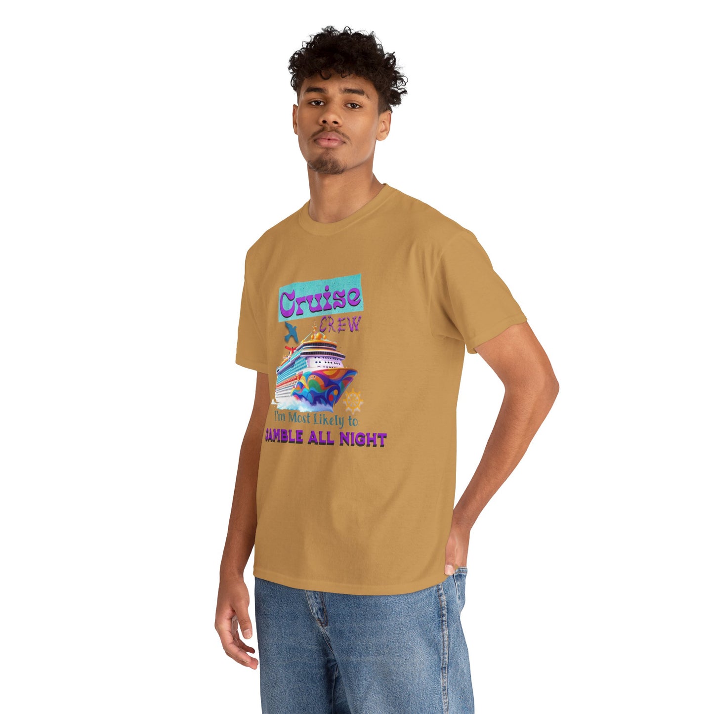 Cruise Crew Heavy Cotton Tee - Gamble All Night, Vacation Shirt, Cruise Wear, Fun Travel Outfit, Summer Party Top, Gambler's T-Shirt