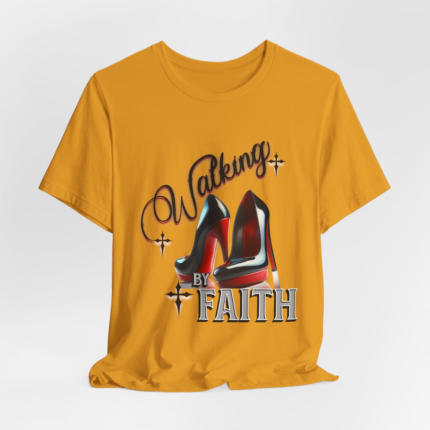 Walking by Faith Graphic Tee, Inspirational Unisex Jersey Short Sleeve T-Shirt, Faithful Footsteps in Red Bottom Shoes, Louboutin Shoe Graphic Religious Tee