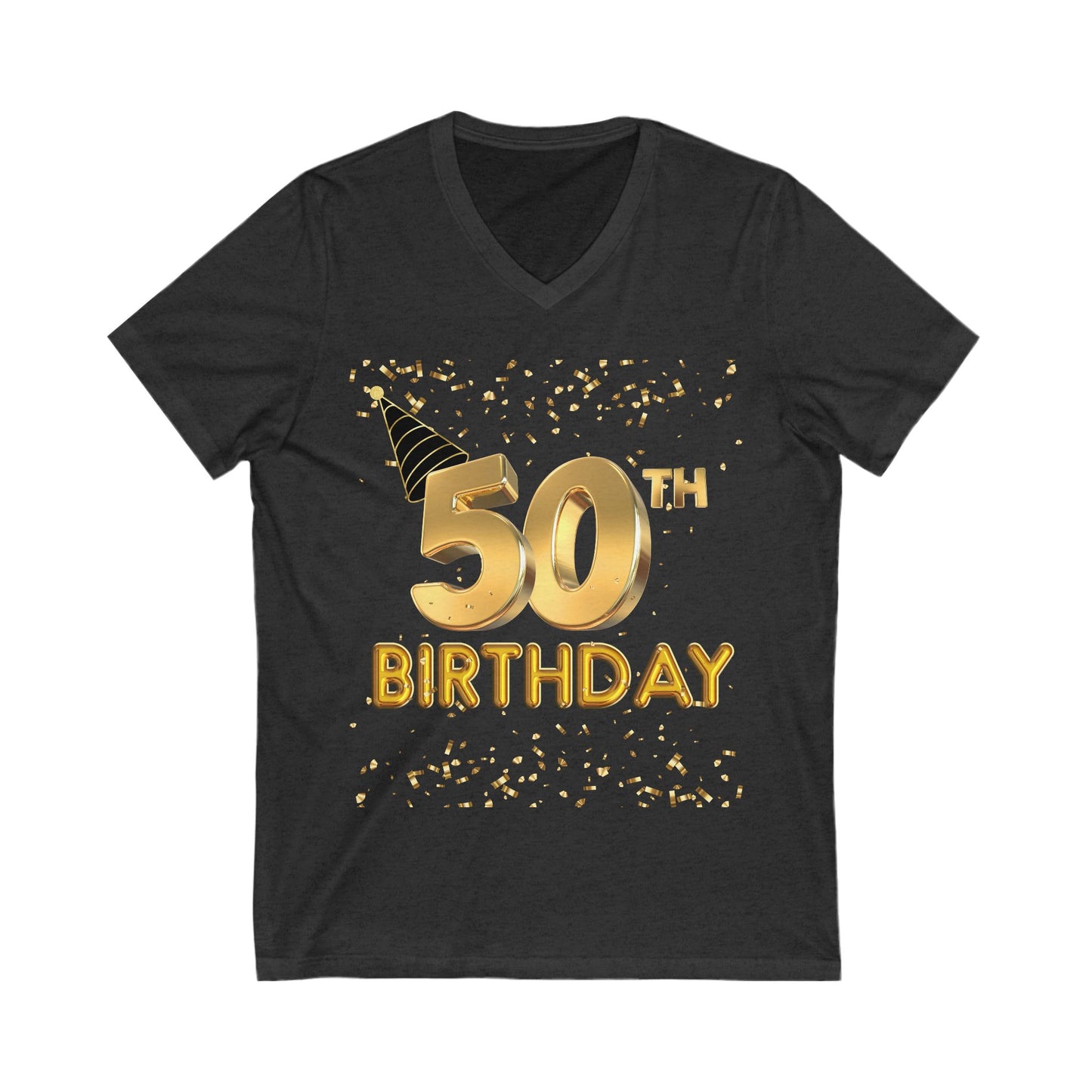 Women 50th Birthday Jersey Short Sleeve V-Neck Tee, Women 50th Birthday Shirt, Gold and Black 50th Birthday T-Shirt