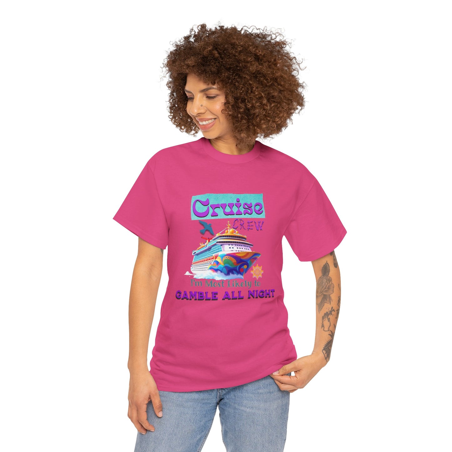 Cruise Crew Heavy Cotton Tee - Gamble All Night, Vacation Shirt, Cruise Wear, Fun Travel Outfit, Summer Party Top, Gambler's T-Shirt