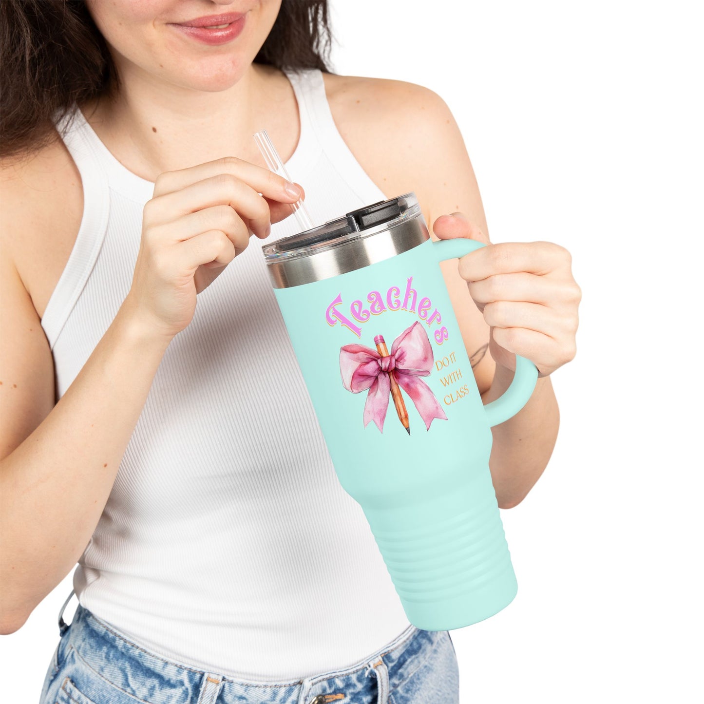 Stylish Insulated Travel Mug for Teachers, Cute 40oz Coquette Teacher Tumbler, Gifts for Educators, Coffee Lover Travel Cup, Back to School Mug Gift