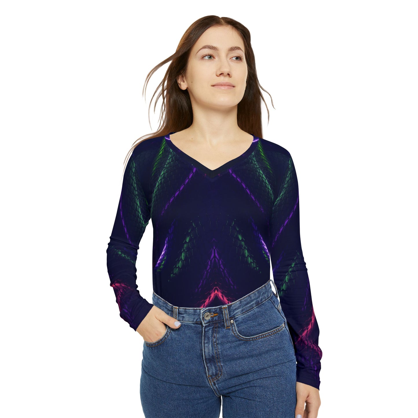 Woman wearing a dark blue long-sleeve top with colorful patterns on a white background