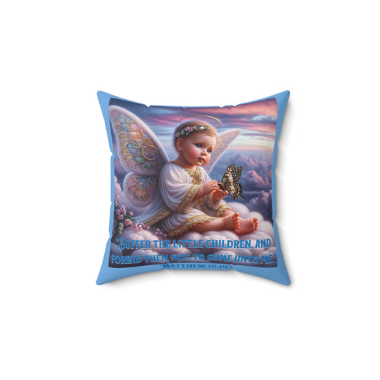 Inspirational Baby Angel Pillow, 'Suffer the Little Children' Matthew 19:14, Baby Shower Gift for Infant Boy and Girl, Baby Blue Pillow for a Gift