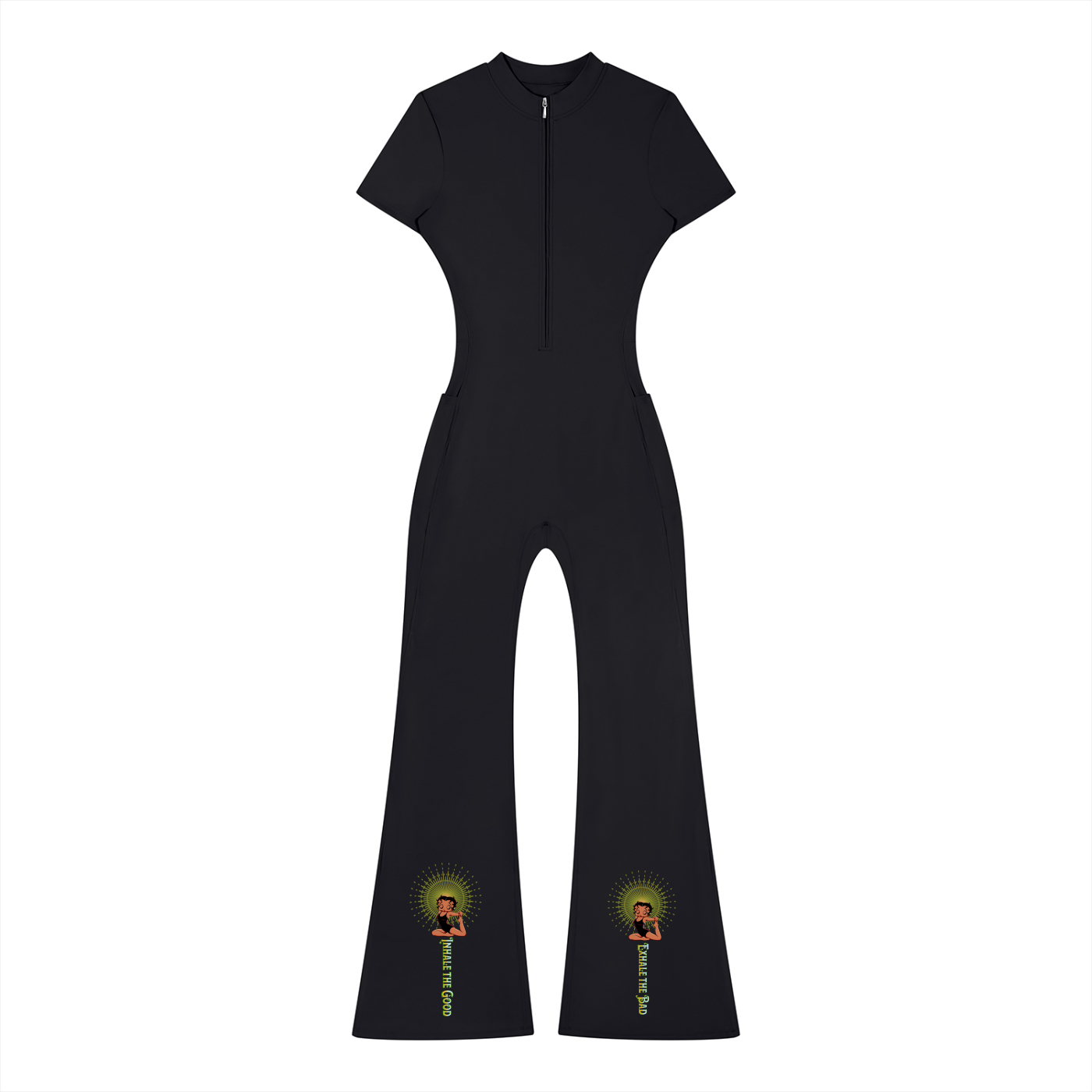 Women's Flared Leg Quarter-Zip Jumpsuit – Short Sleeve Bodycon Maxi Jumpsuit for Casual, Sport & Holiday Wear