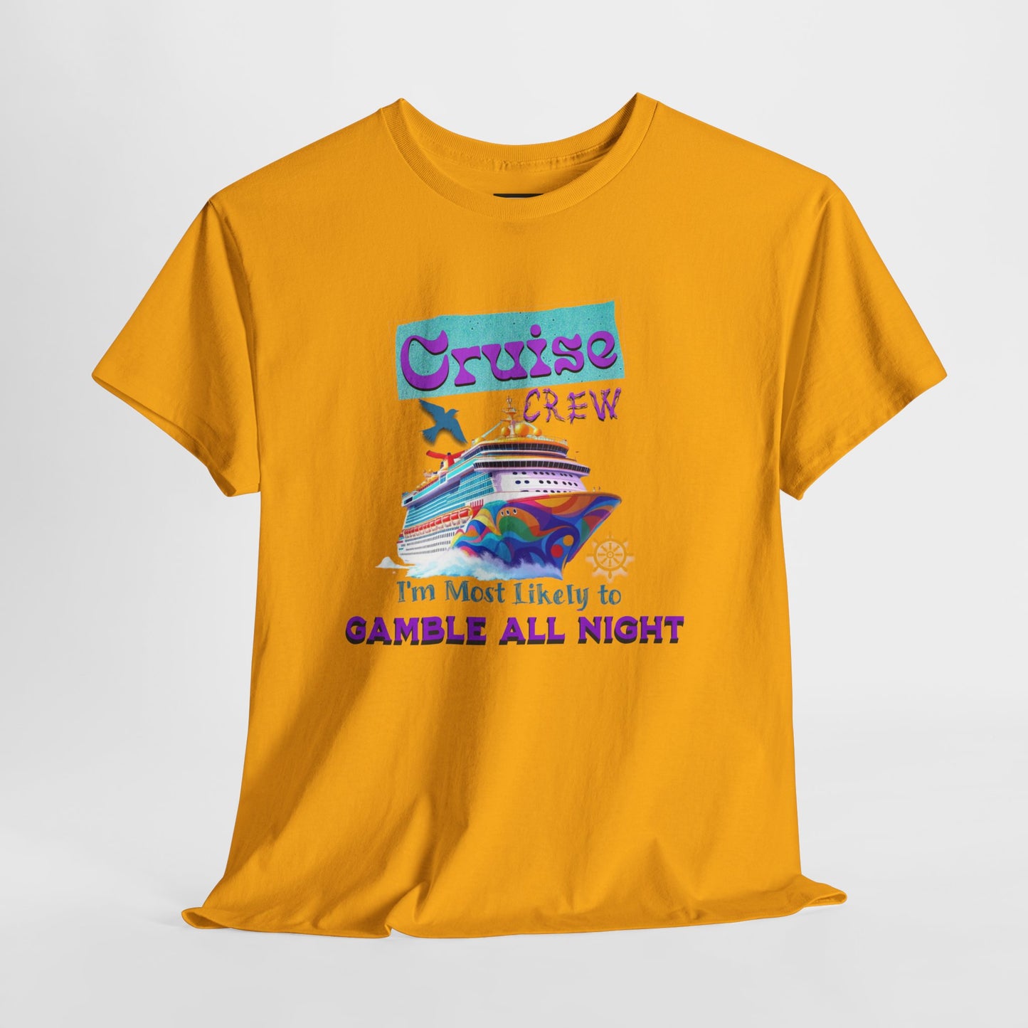 Cruise Crew Heavy Cotton Tee - Gamble All Night, Vacation Shirt, Cruise Wear, Fun Travel Outfit, Summer Party Top, Gambler's T-Shirt